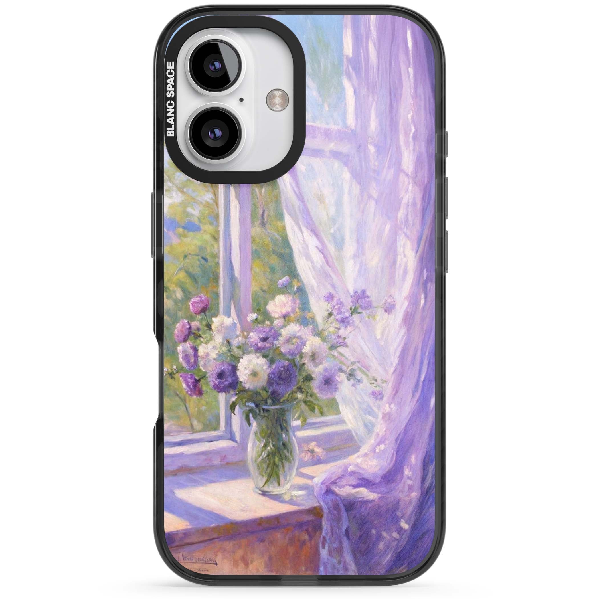 A Provence Morning impressionist art iPhone case featuring a vase of purple flowers, sunlit window and sheer curt | Black Impact case for iPhone 16, iPhone 16 Plus