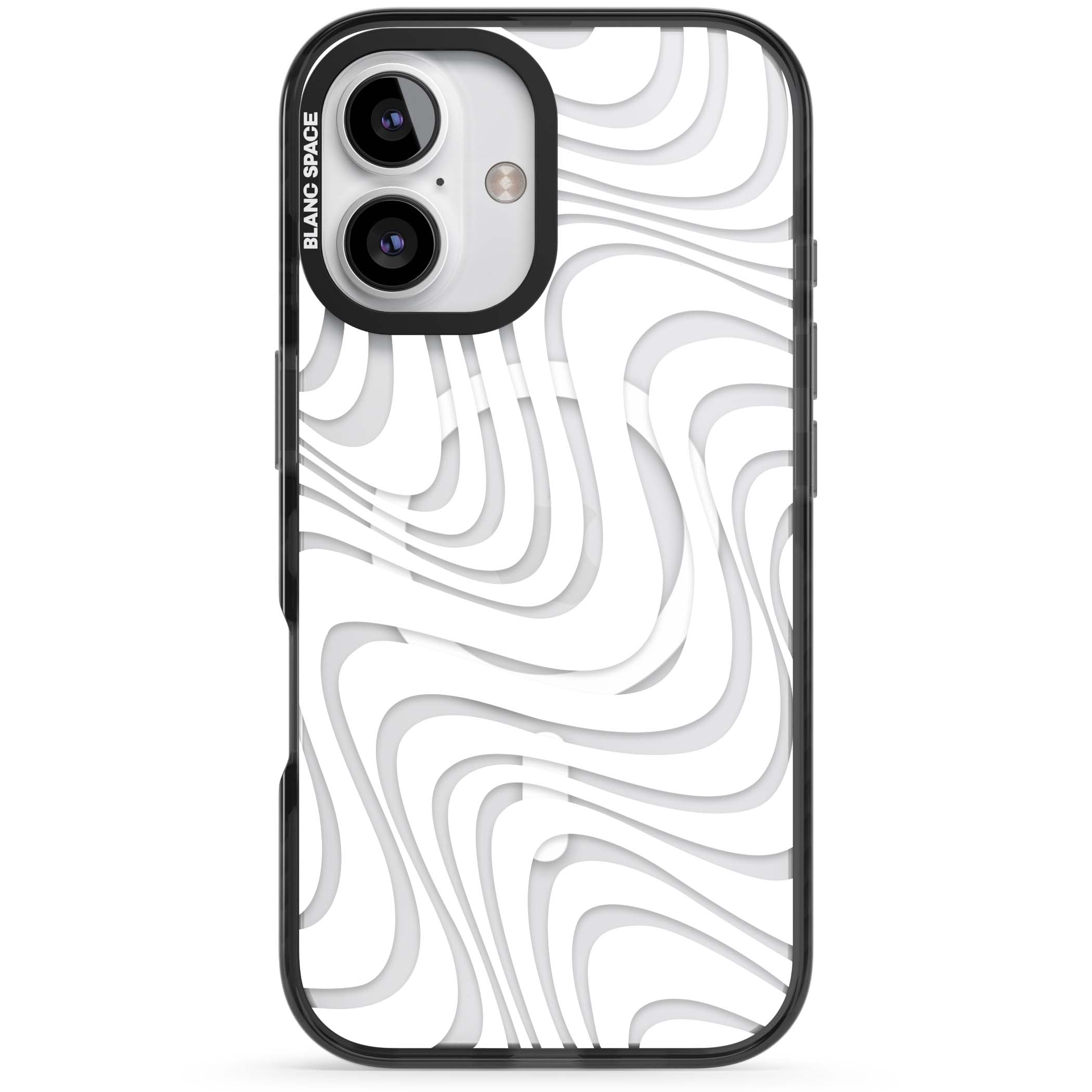 White Abstract Waves abstract iPhone case featuring flowing grey wave pattern on clear background | Black Impact Magsafe case for iPhone 16, iPhone 16 Plus
