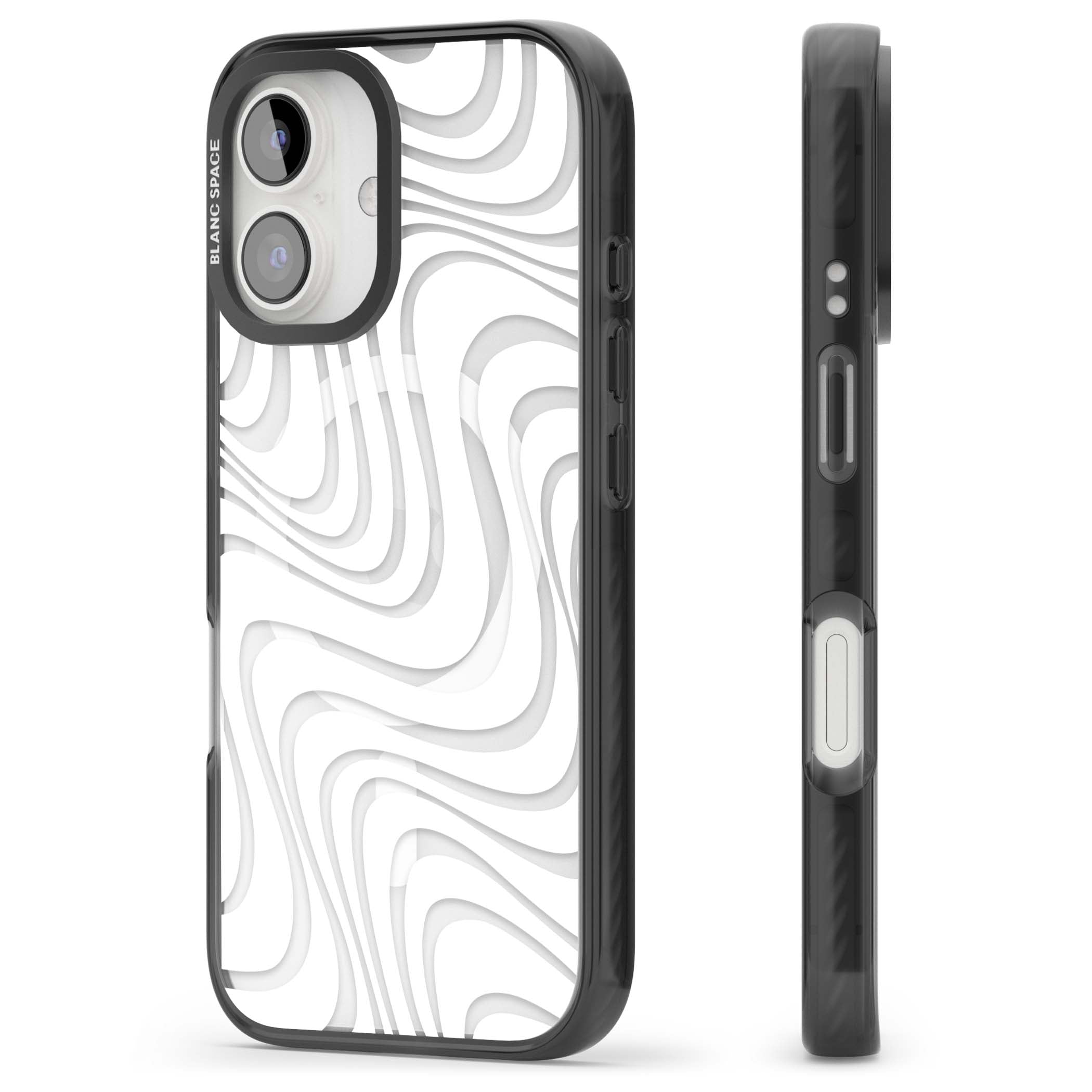 White Abstract Waves abstract iPhone case featuring flowing grey wave pattern on clear background | Black Impact Magsafe case for iPhone 16, iPhone 16 Plus