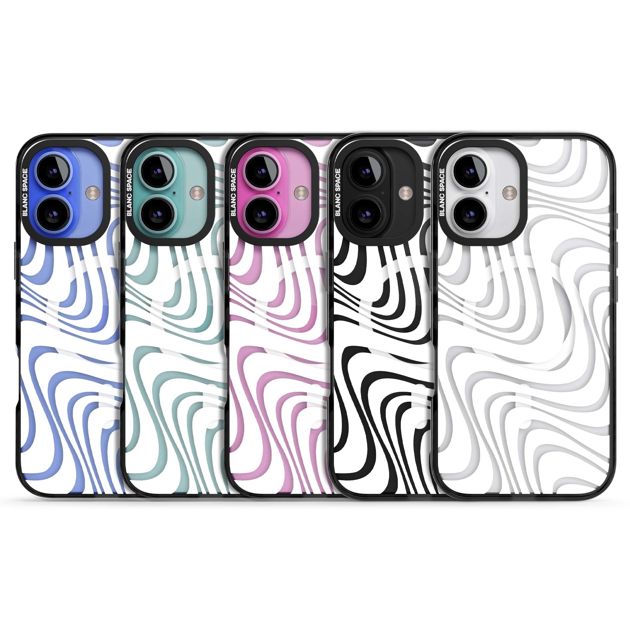 White Abstract Waves abstract iPhone case featuring flowing grey wave pattern on clear background | Black Impact Magsafe case for iPhone 16, iPhone 16 Plus