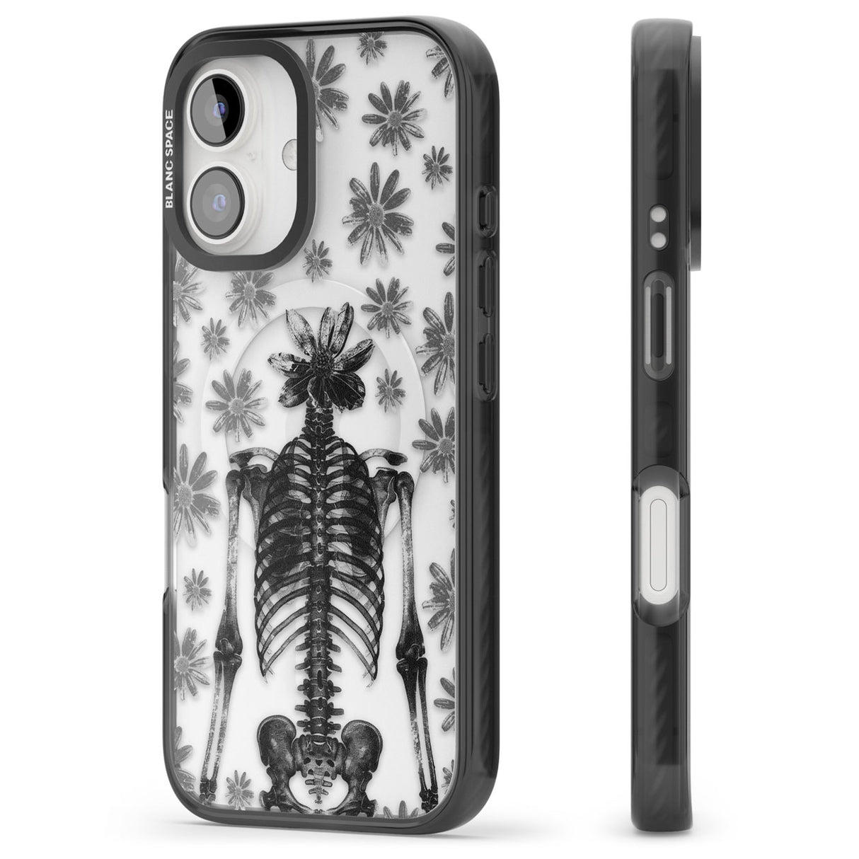 Skeleton Flower Black Impact Magsafe Phone Case for iPhone 16, iPhone 16 Plus