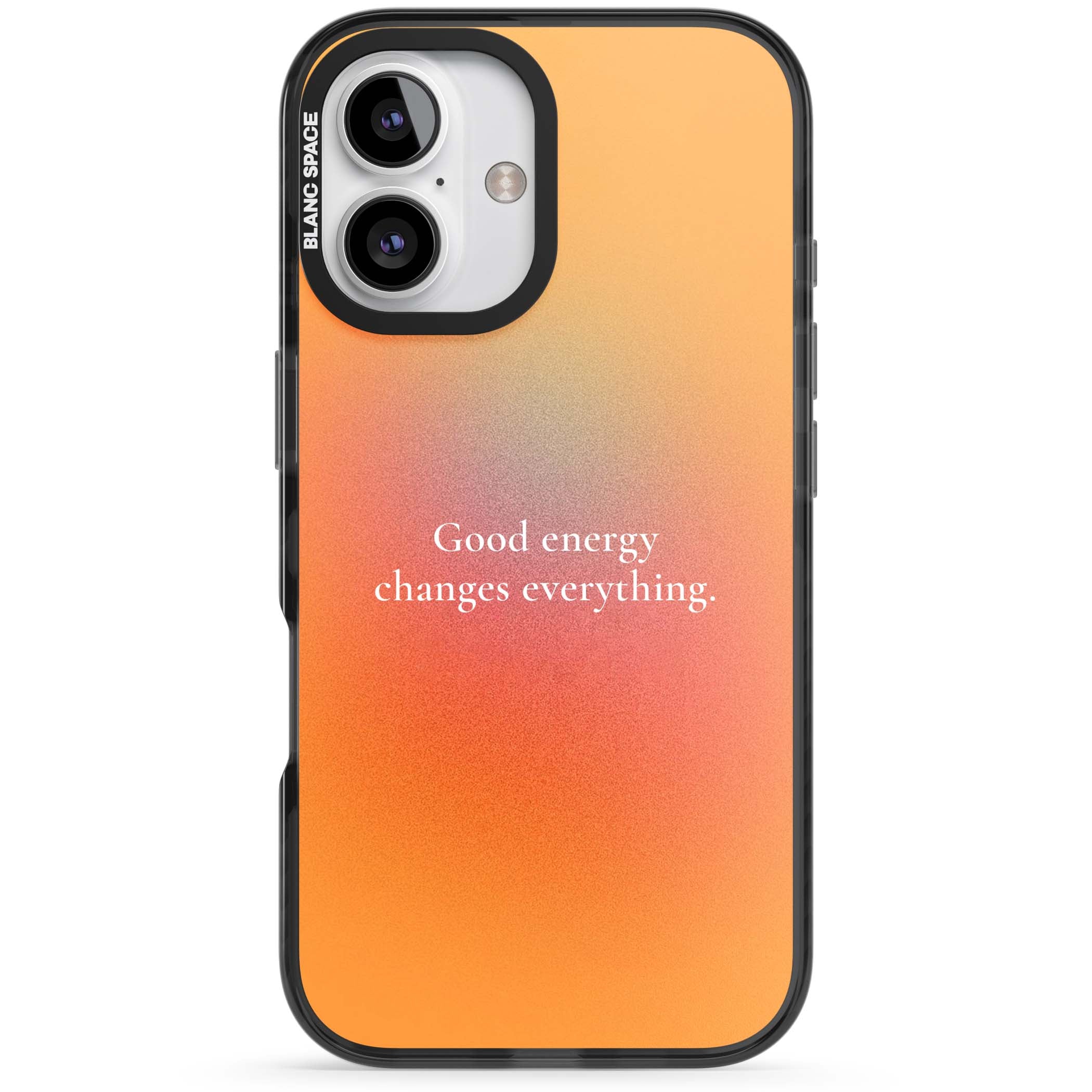 Good Energy quote iPhone case featuring an orange and pink aura gradient with white serif affirmation text | Black Impact Magsafe case for iPhone 16, iPhone 16 Plus