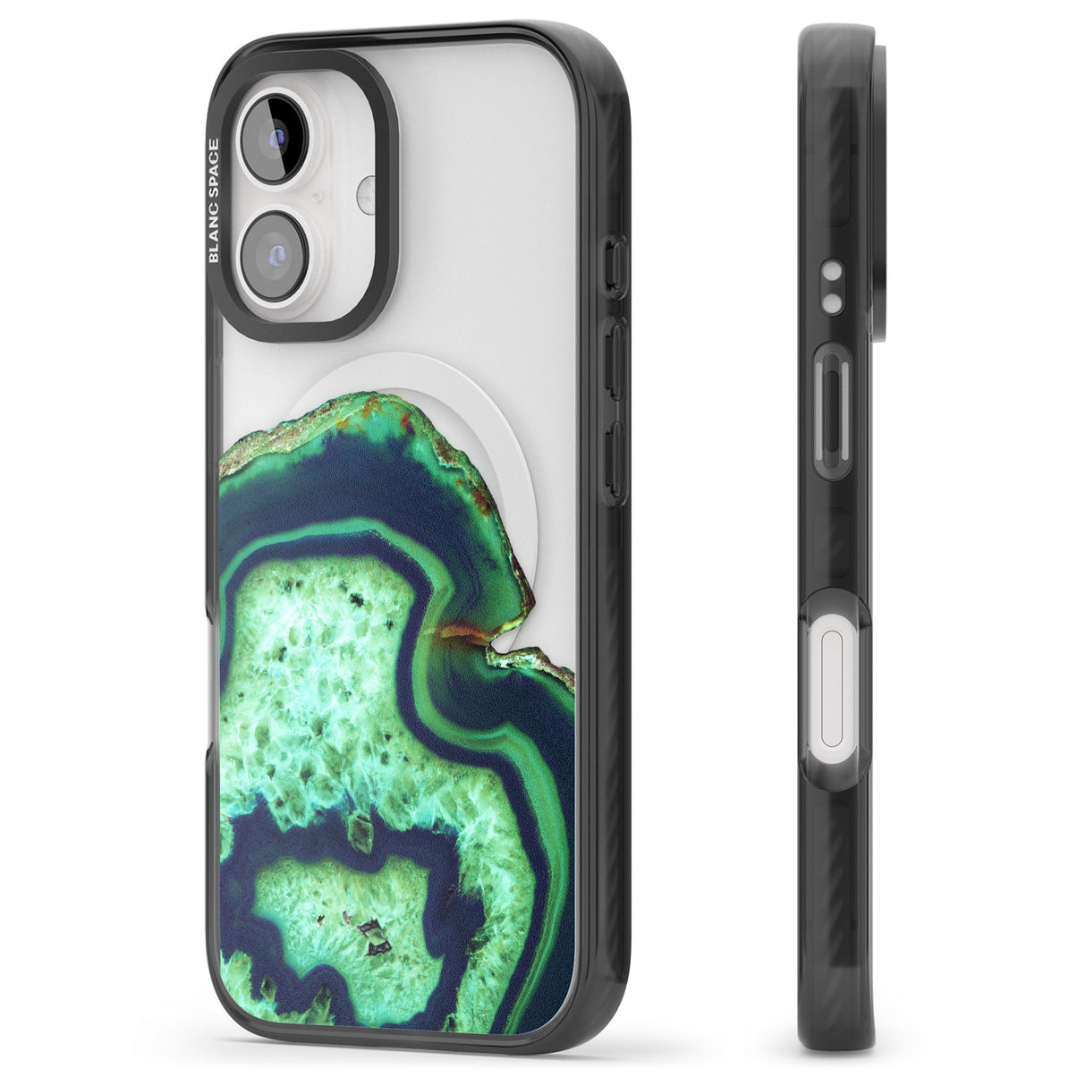 iPhone 16 Pro Max Neon Green & Blue Agate Crystal Transparent Design Black Impact Phone Case