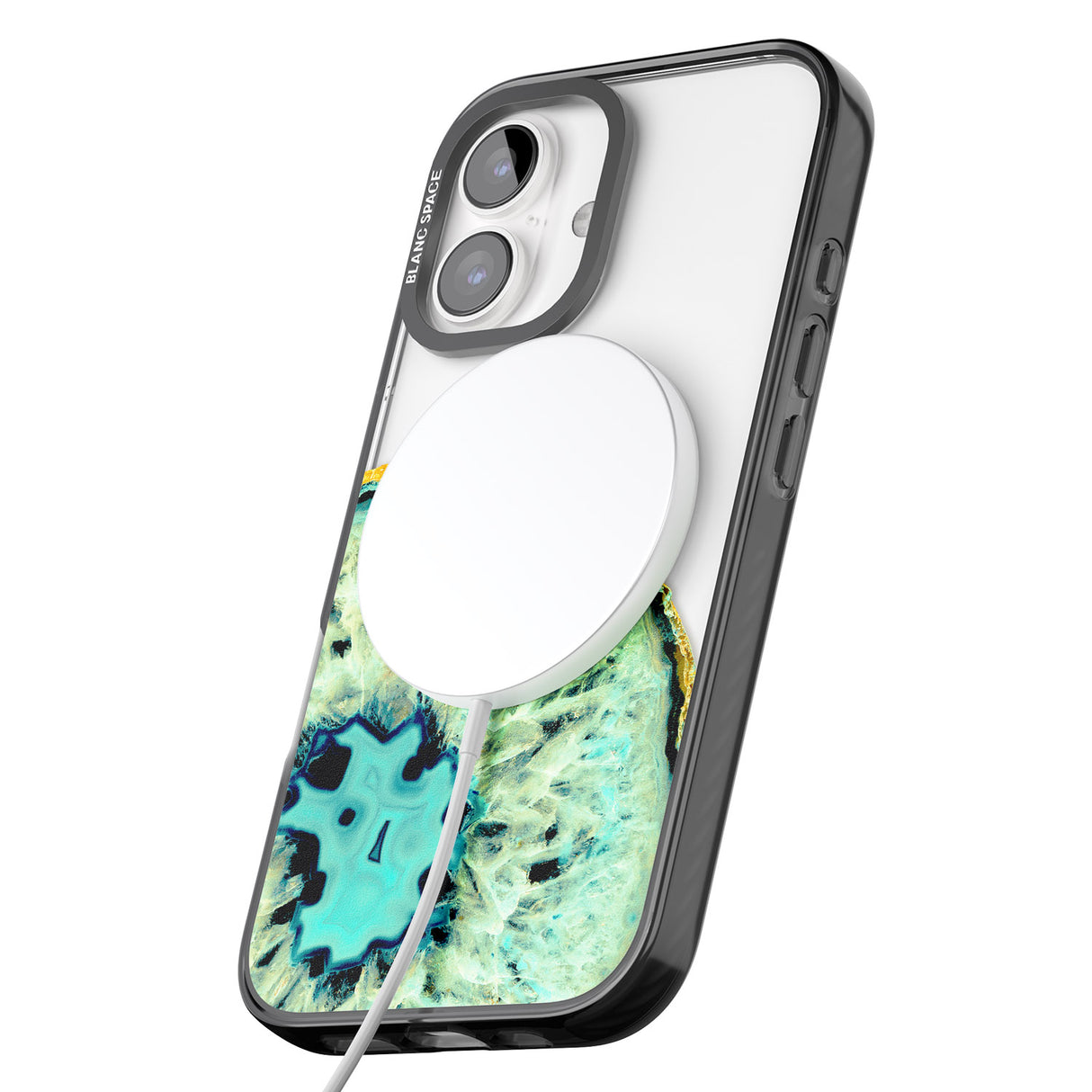 iPhone 16 Pro Max Turquoise & Green Gemstone Crystal Clear Design Black Impact Phone Case