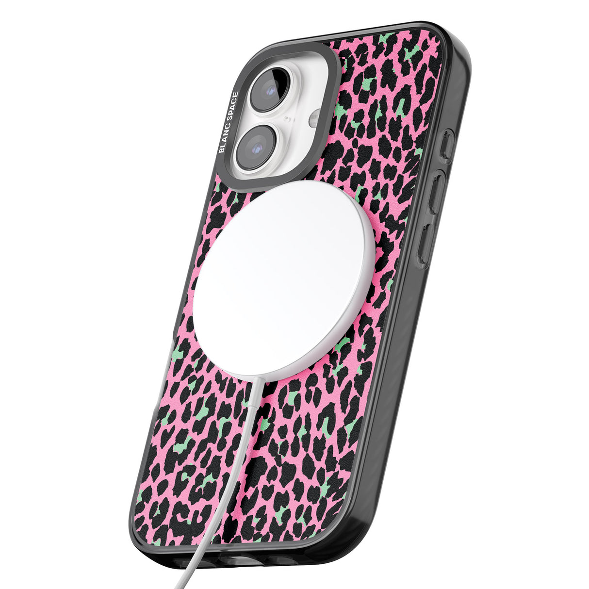 iPhone 16 Pro Max Green on Pink Leopard Print Pattern Black Impact Phone Case