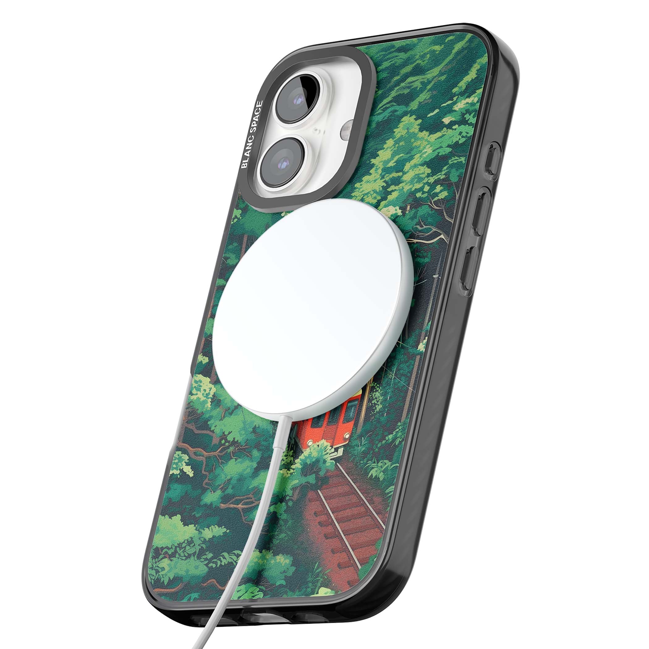 Railway In Toyama Japanese iPhone case featuring a red train, cedar forest and winding mountain railway tracks | Black Impact Magsafe case for iPhone 16, iPhone 16 Plus