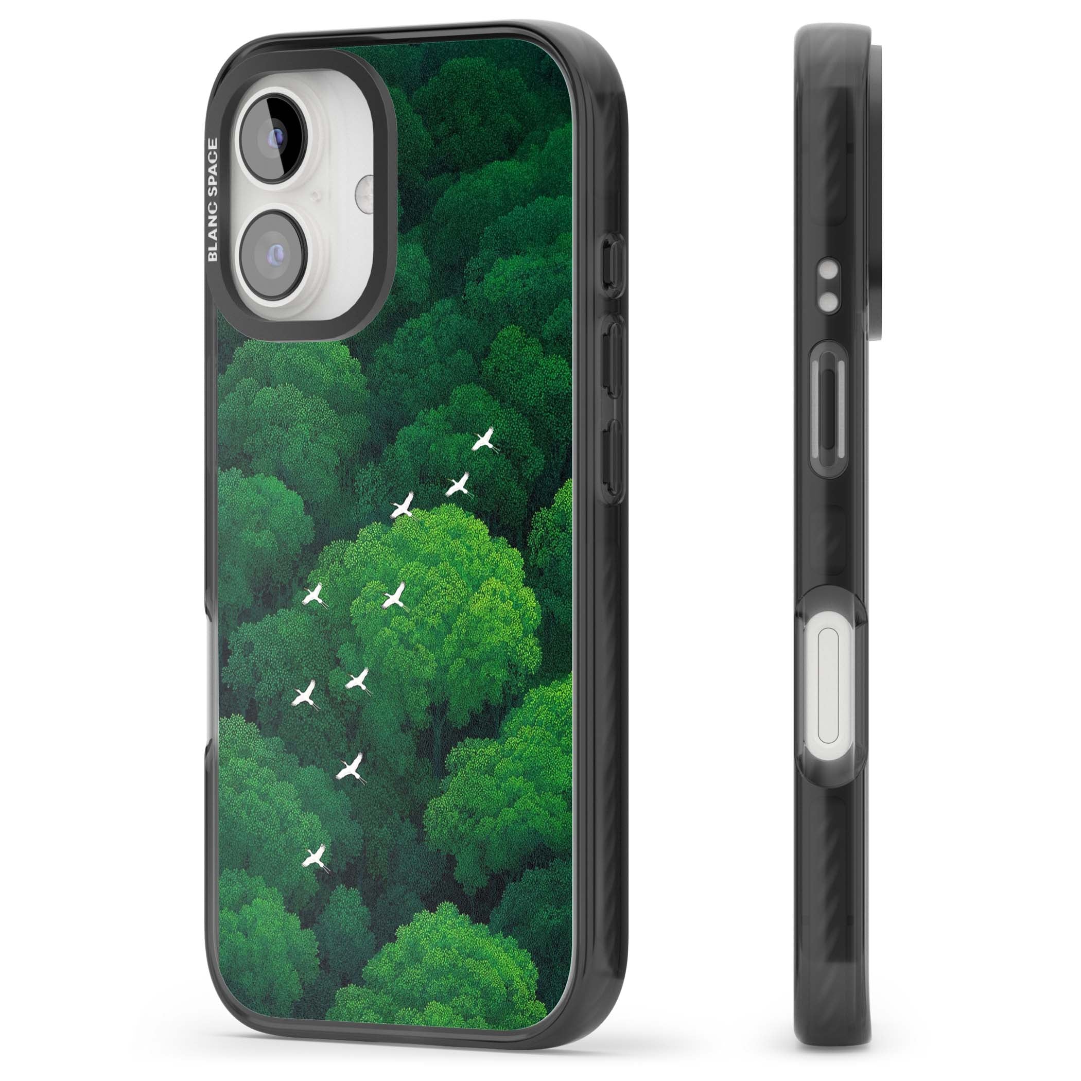 Grove Migration forest iPhone case featuring white cranes flying over lush green treetop canopy | Black Impact Magsafe case for iPhone 16, iPhone 16 Plus