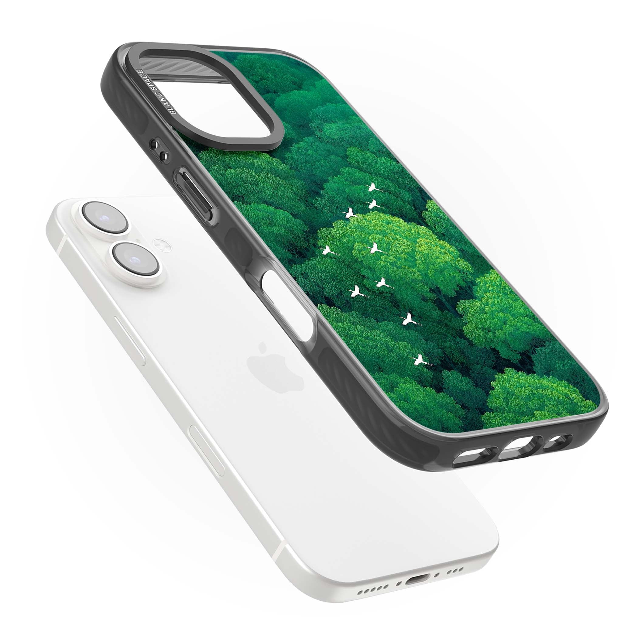 Grove Migration forest iPhone case featuring white cranes flying over lush green treetop canopy | Black Impact Magsafe case for iPhone 16, iPhone 16 Plus