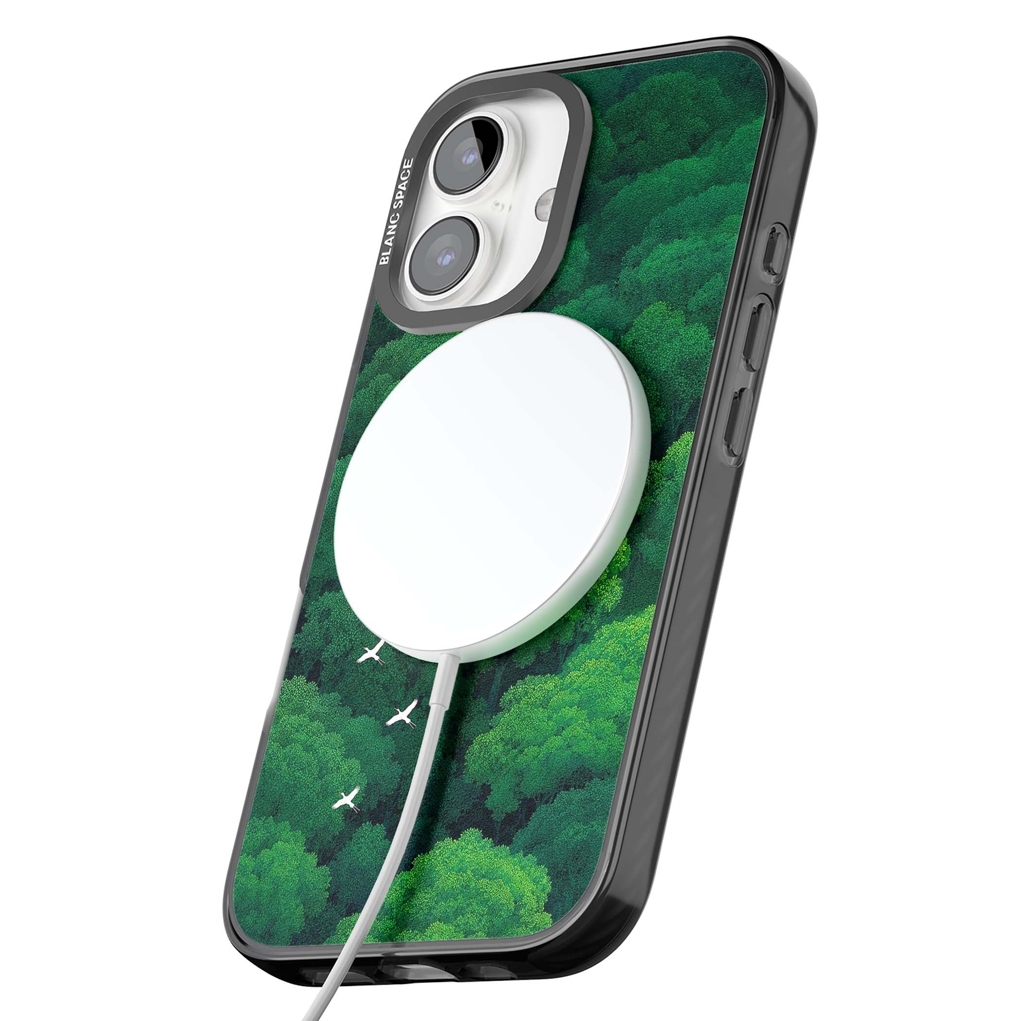 Grove Migration forest iPhone case featuring white cranes flying over lush green treetop canopy | Black Impact Magsafe case for iPhone 16, iPhone 16 Plus