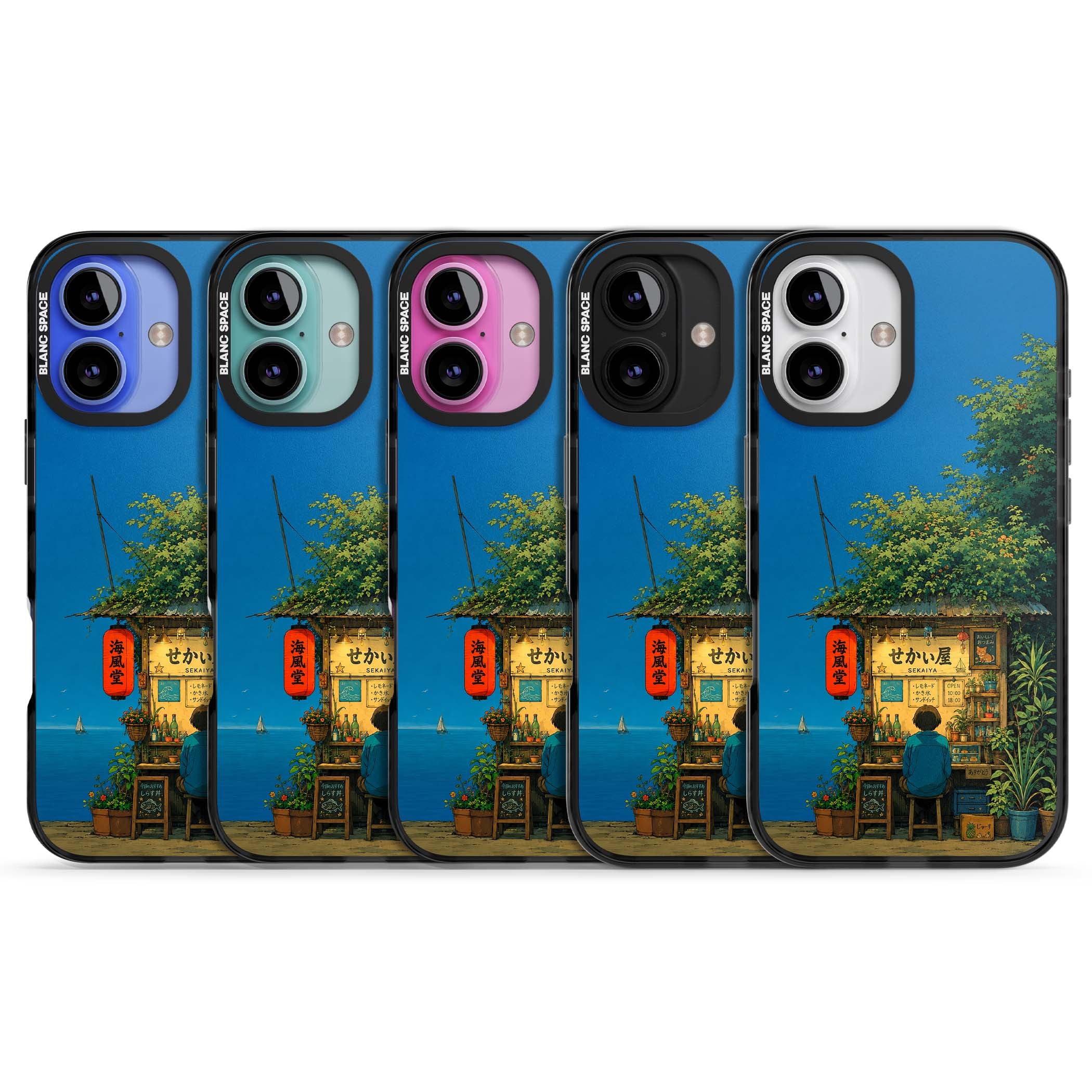 The Shirahama Kiosk anime iPhone case featuring a Japanese seaside shop, red paper lantern and ocean view | Black Impact Magsafe case for iPhone 16, iPhone 16 Plus