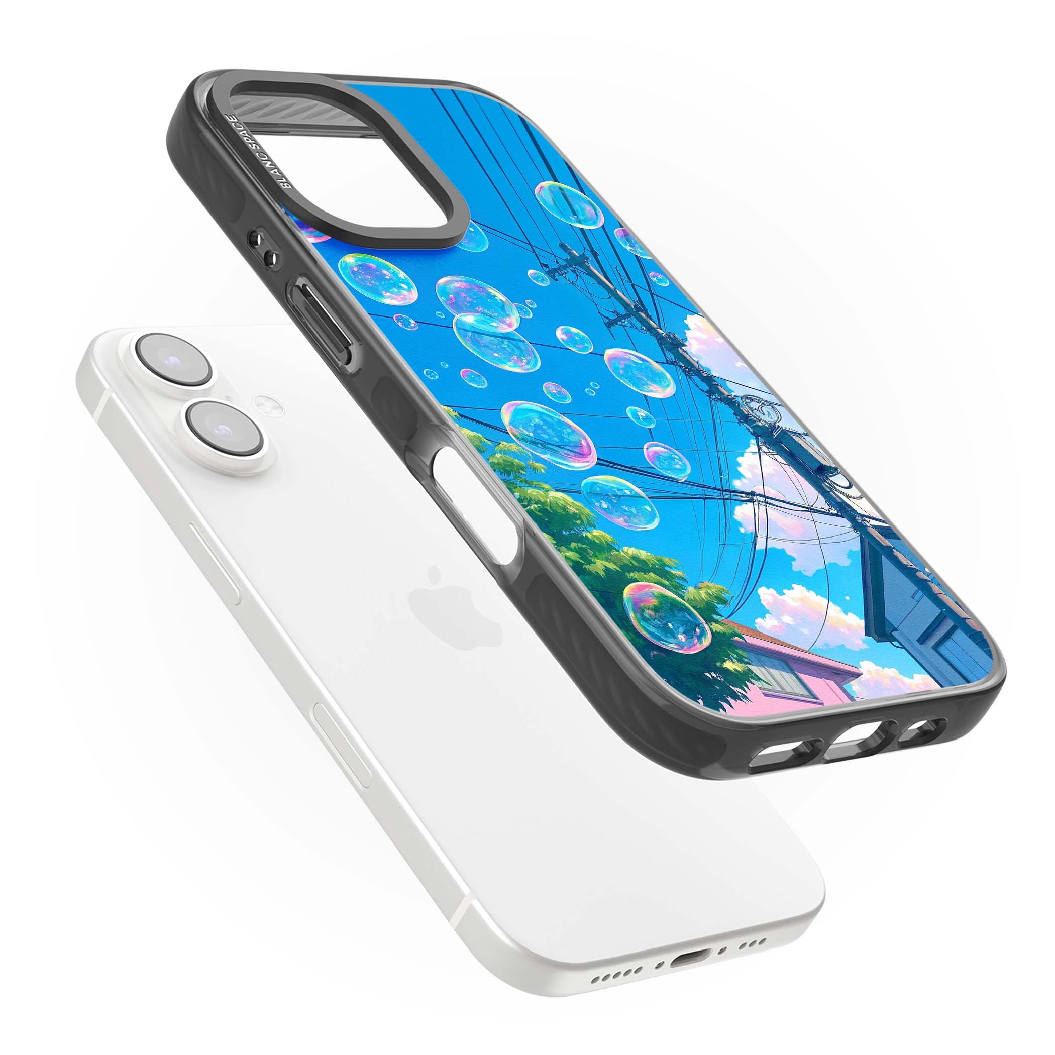Suburban Bubbles anime iPhone case featuring iridescent soap bubbles, blue sky and Japanese telephone wires | Black Impact Magsafe case for iPhone 16, iPhone 16 Plus