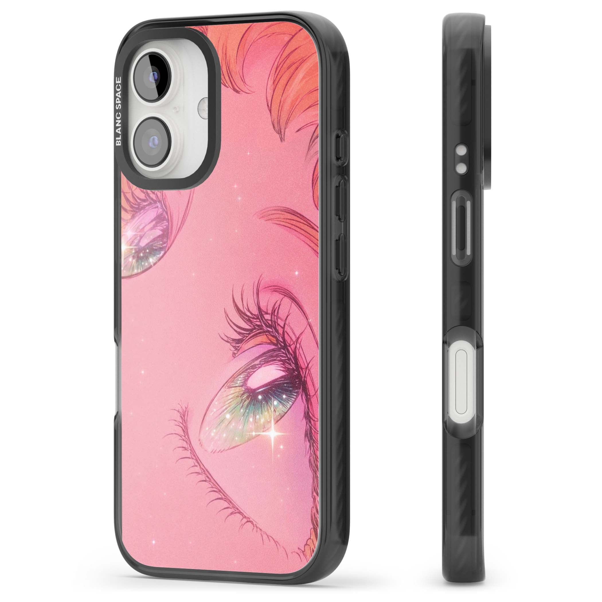 Pink Ethereal Gaze anime iPhone case featuring sparkling manga eyes, coral lashes and dreamy peach sky | Black Impact Magsafe case for iPhone 16, iPhone 16 Plus