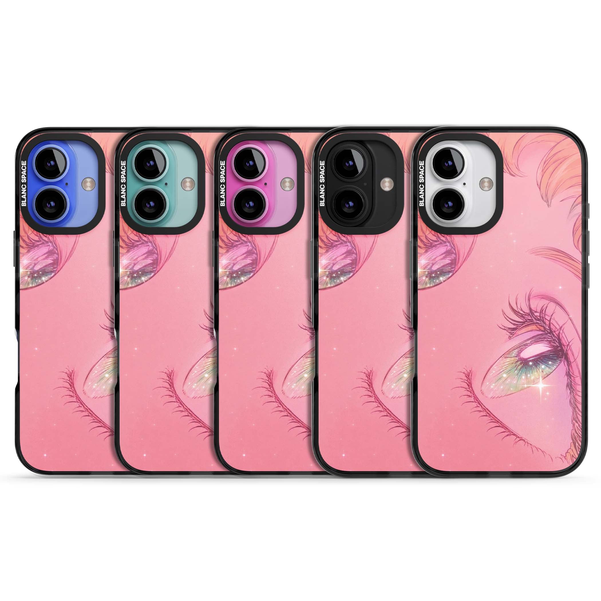 Pink Ethereal Gaze anime iPhone case featuring sparkling manga eyes, coral lashes and dreamy peach sky | Black Impact Magsafe case for iPhone 16, iPhone 16 Plus