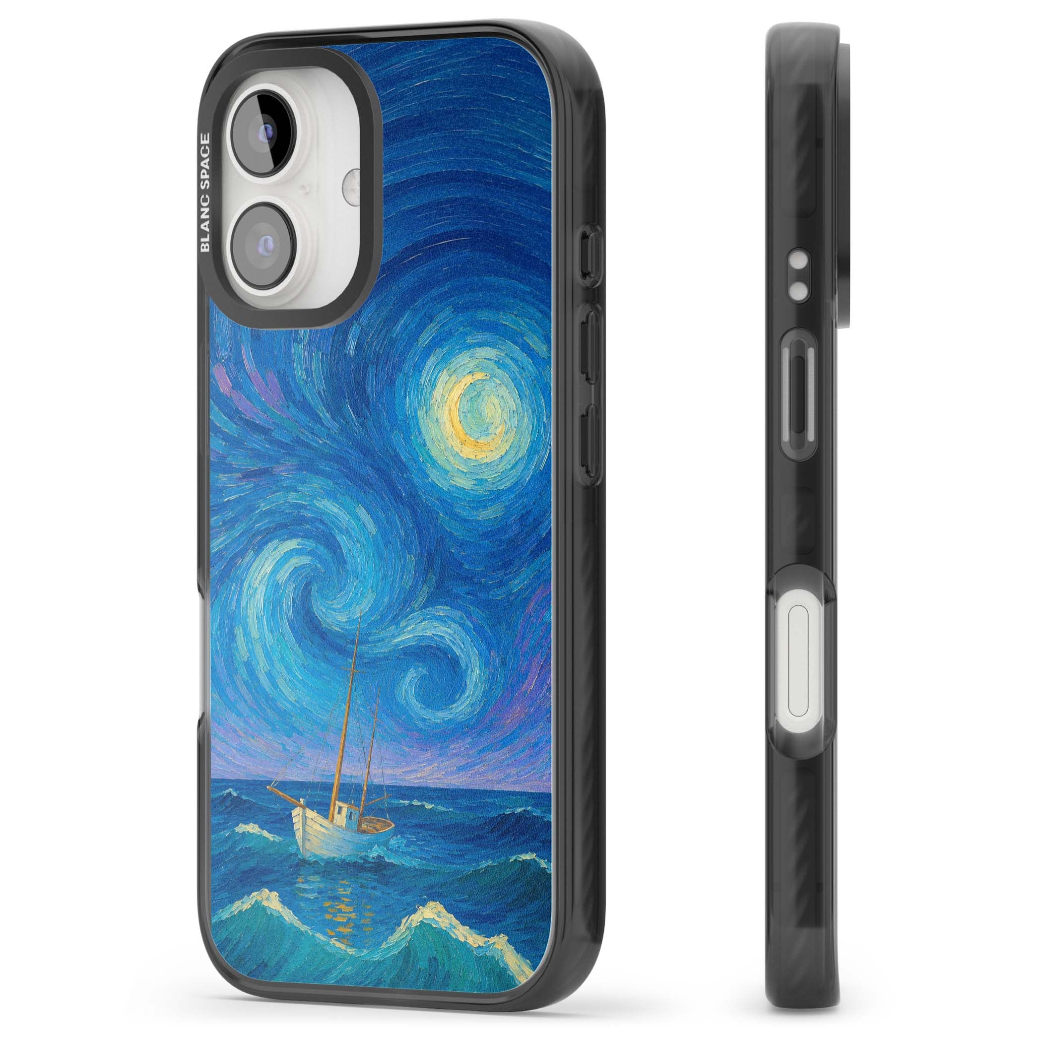 Moonlit Tide Van Gogh art iPhone case featuring swirling starry night sky, glowing moon and lone sailing boat at sea | Black Impact Magsafe case for iPhone 16, iPhone 16 Plus