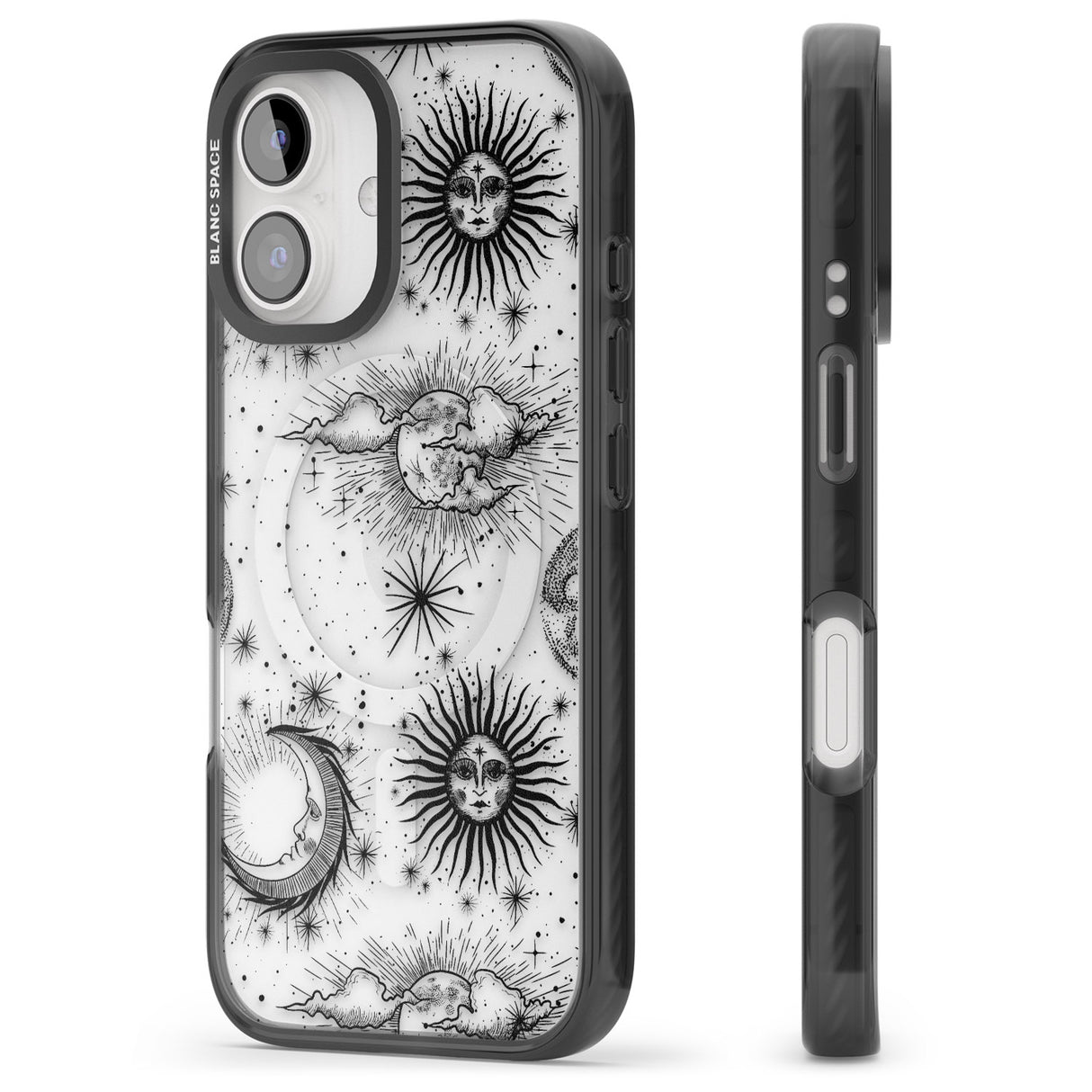 iPhone 16 Pro Max Transparent Suns, Moons & Clouds Black Impact Phone Case