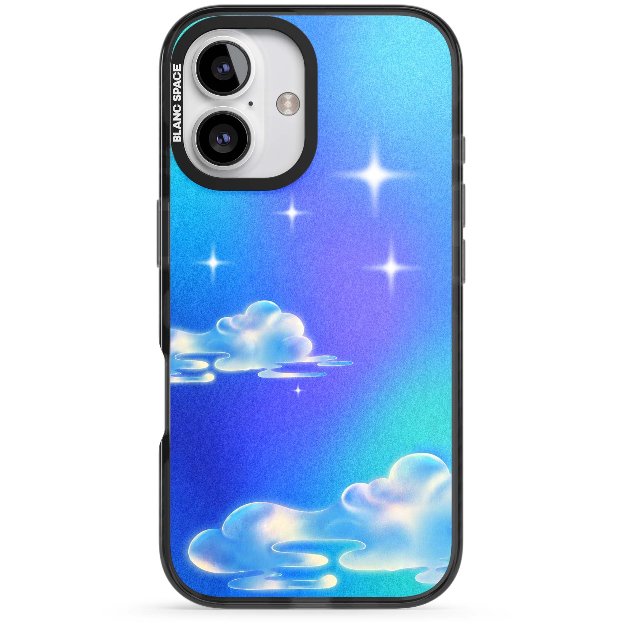 Aurora celestial iPhone case featuring dreamy iridescent clouds, sparkling stars and pastel blue purple sky | Black Impact Magsafe case for iPhone 16, iPhone 16 Plus