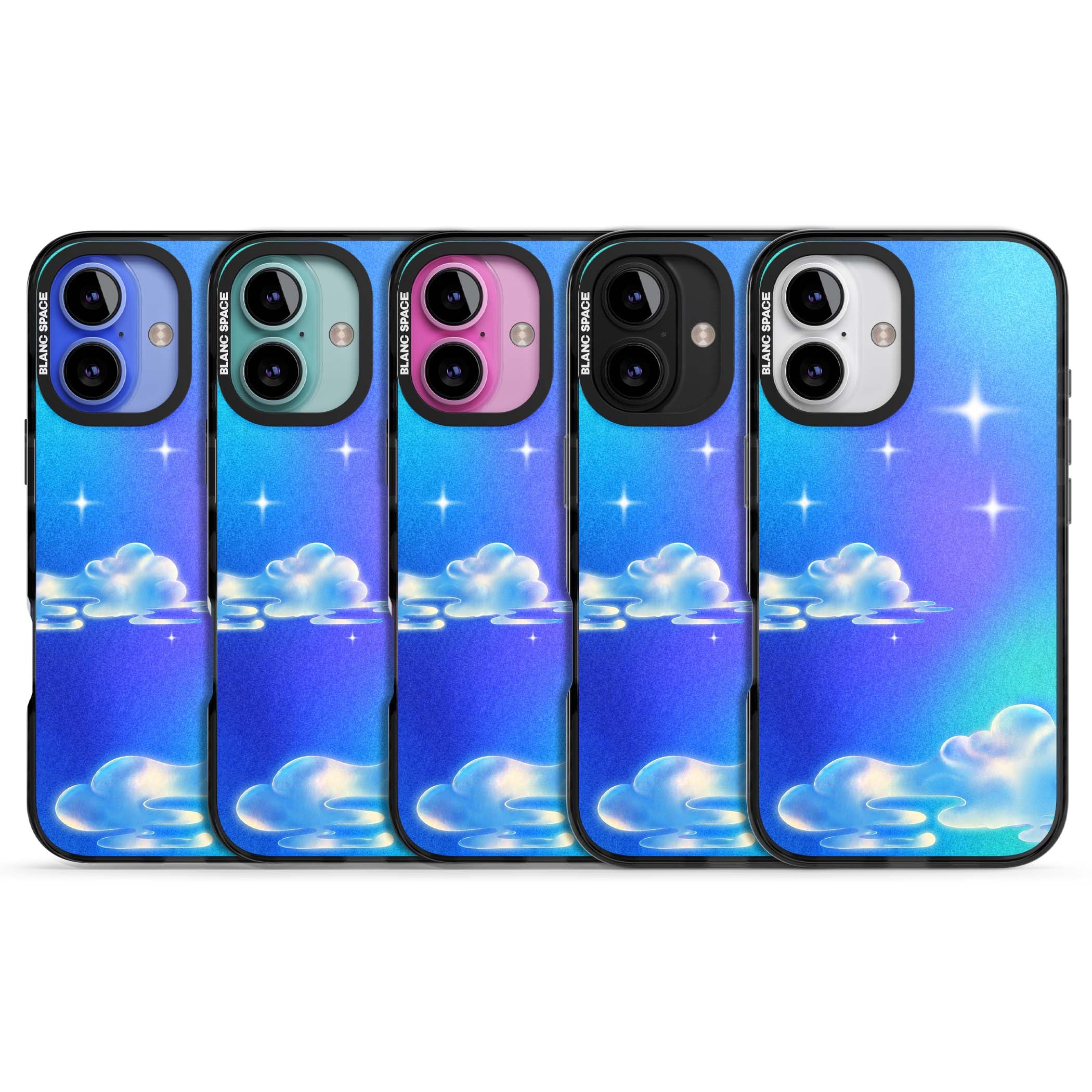 Aurora celestial iPhone case featuring dreamy iridescent clouds, sparkling stars and pastel blue purple sky | Black Impact Magsafe case for iPhone 16, iPhone 16 Plus