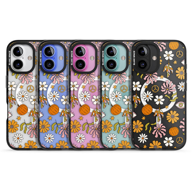 Retro Boho Fall Floral Black Impact Magsafe Phone Case for iPhone 16, iPhone 16 Plus