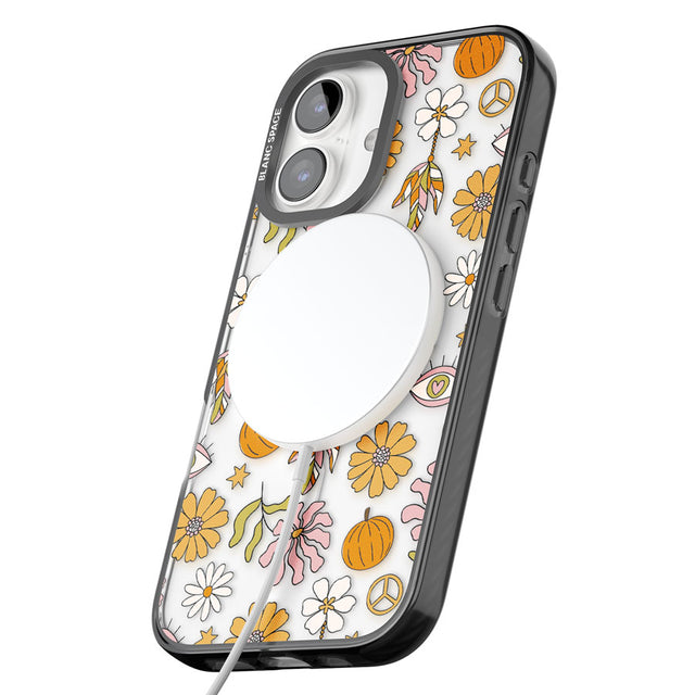 Retro Boho Fall Floral Black Impact Magsafe Phone Case for iPhone 16, iPhone 16 Plus