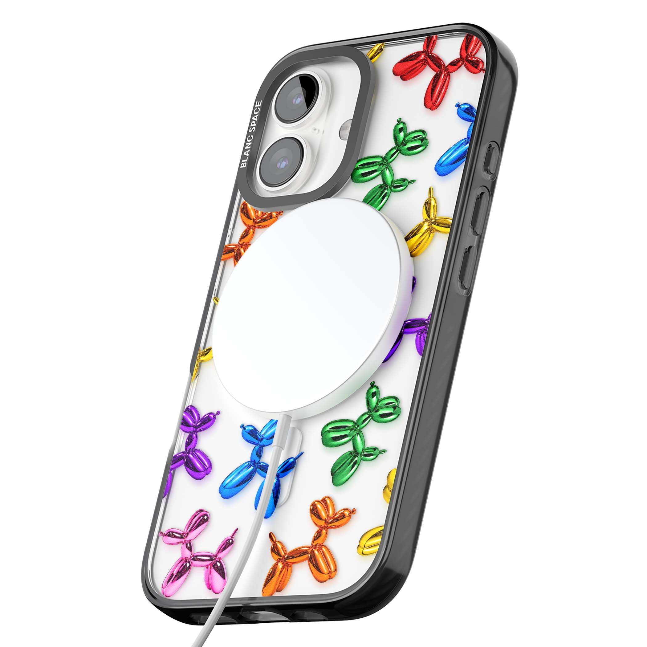 Balloon Dogs pop art iPhone case featuring rainbow chrome balloon dogs in Jeff Koons style | Black Impact Magsafe case for iPhone 16, iPhone 16 Plus