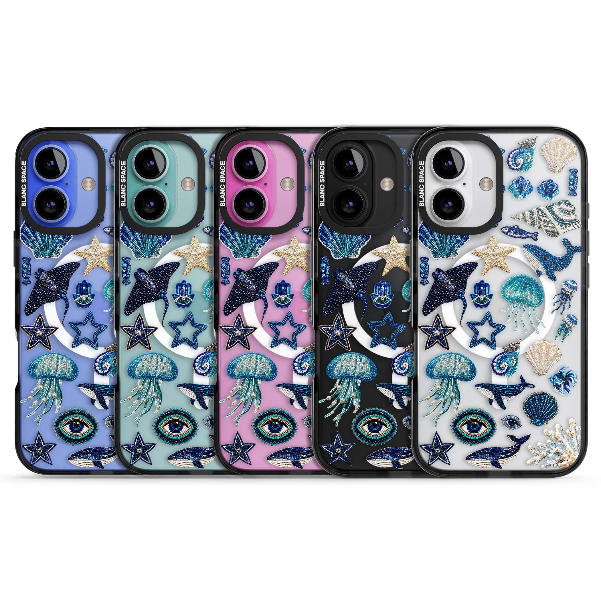 Beaded Coastal coastal iPhone case featuring embroidered seashells, jellyfish and a blue whale on clear | Black Impact Magsafe case for iPhone 16, iPhone 16 Plus