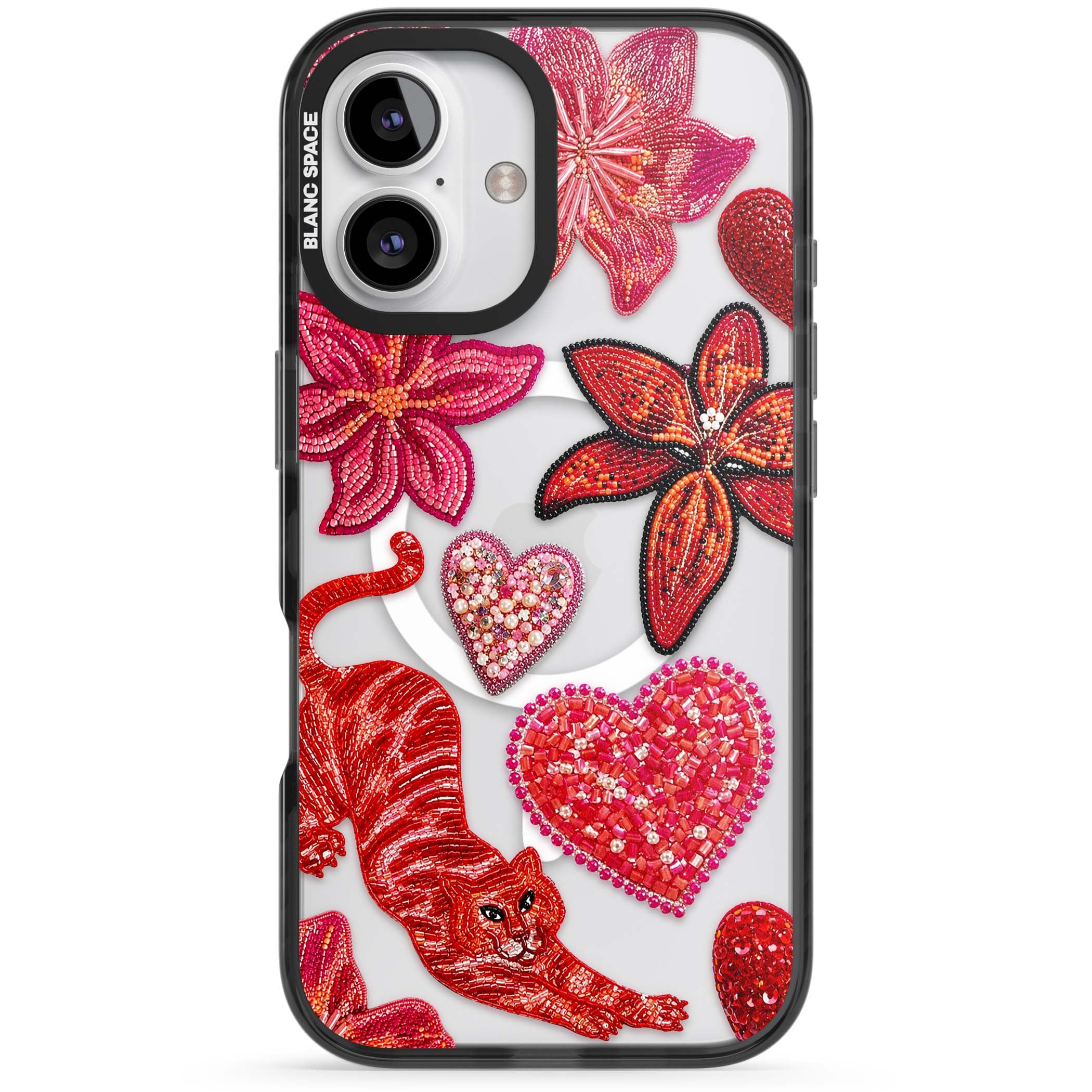 Beaded Boho floral iPhone case featuring beaded red lilies, a stitched tiger, and pearl-encrusted hearts on clear | Black Impact Magsafe case for iPhone 16, iPhone 16 Plus