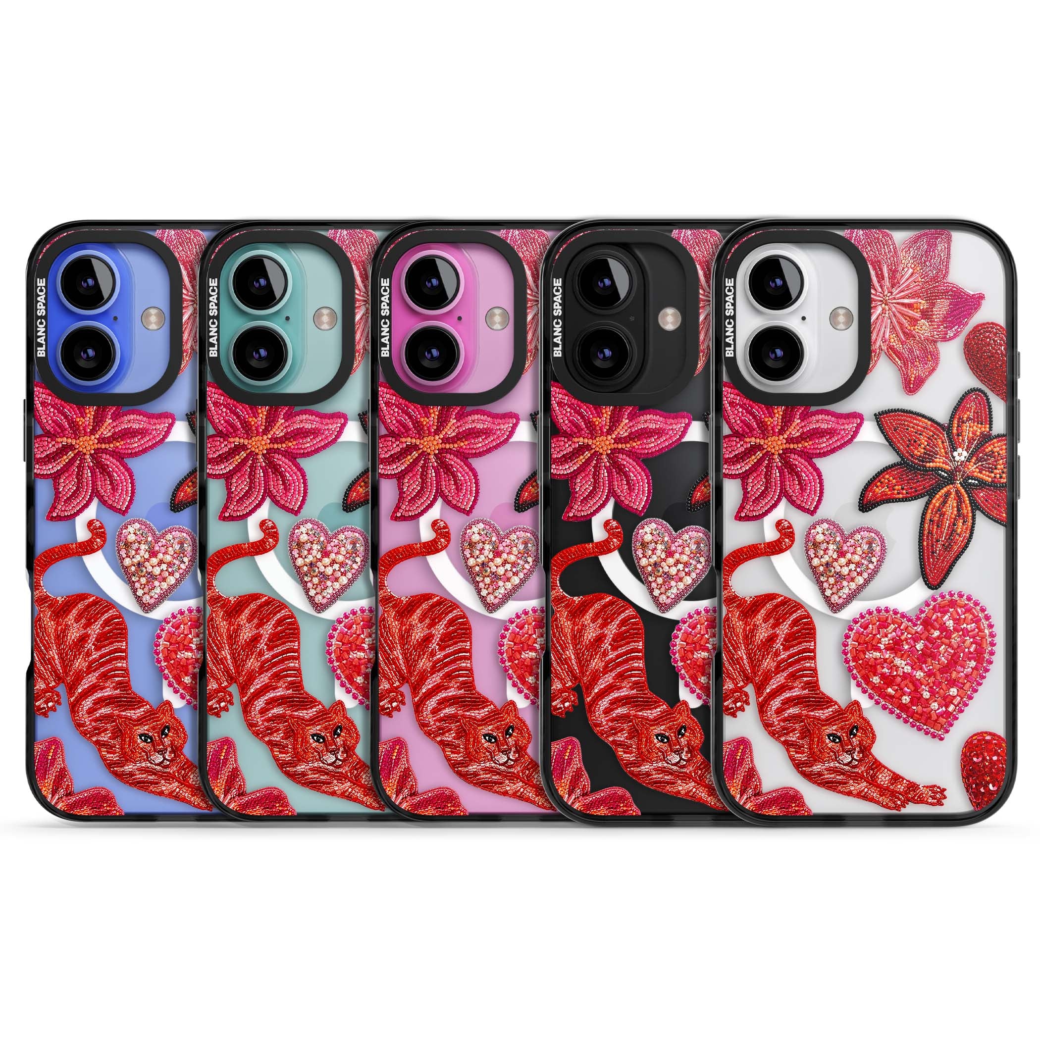 Beaded Boho floral iPhone case featuring beaded red lilies, a stitched tiger, and pearl-encrusted hearts on clear | Black Impact Magsafe case for iPhone 16, iPhone 16 Plus