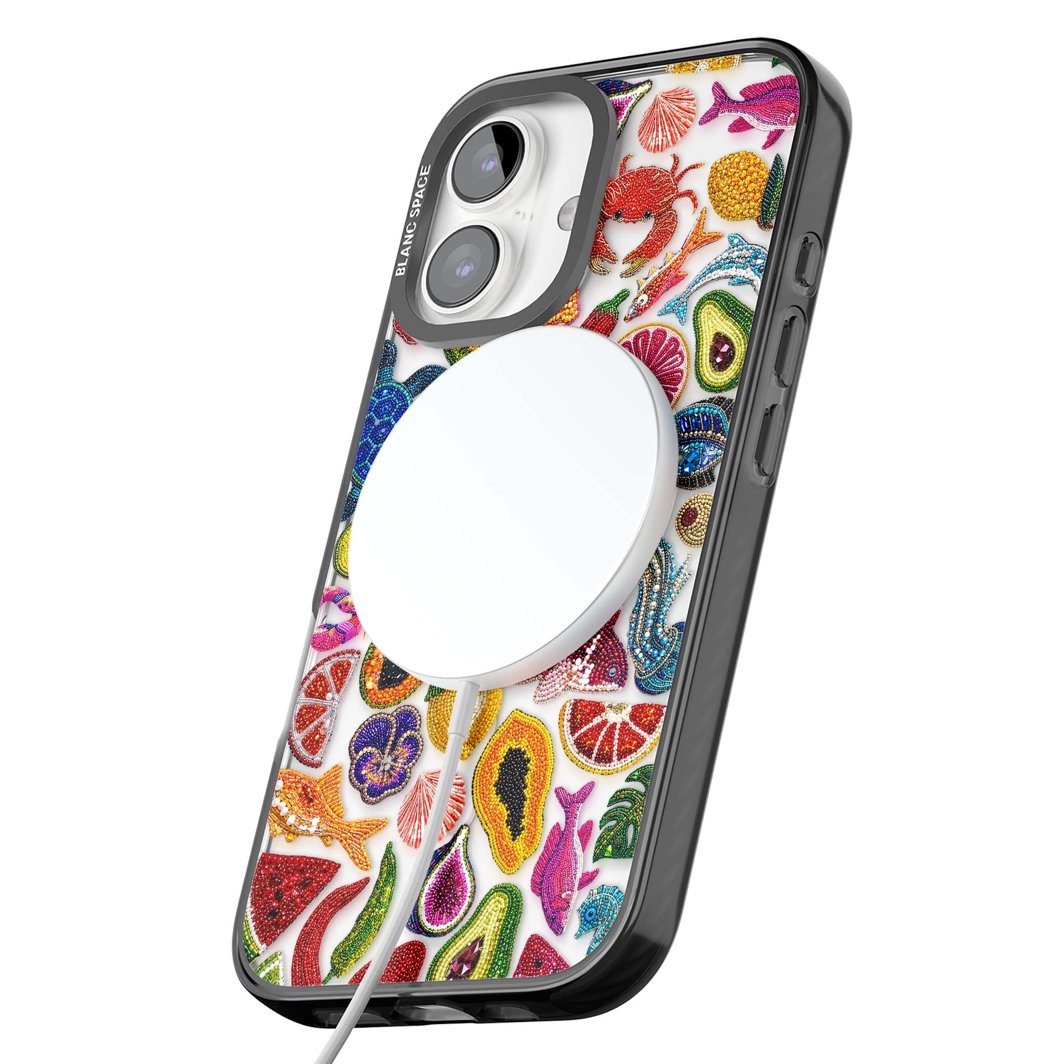 Beaded Tropic tropical iPhone case featuring beaded fruit, fish, crabs and seashells in vibrant colour | Black Impact Magsafe case for iPhone 16, iPhone 16 Plus