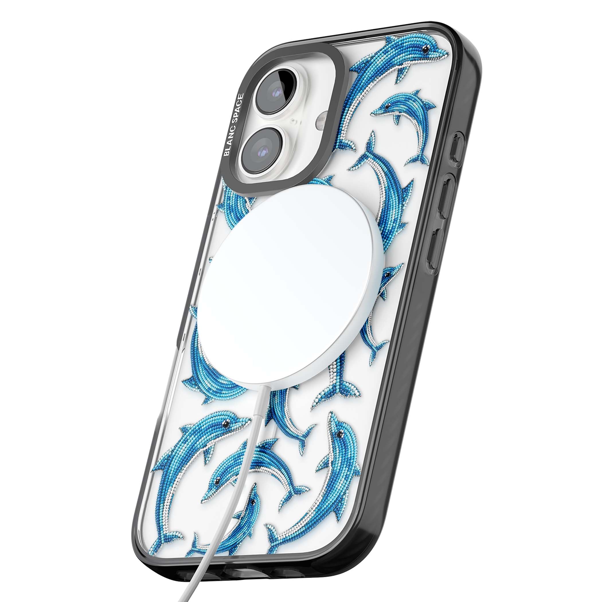 Beaded Dolphins coastal iPhone case featuring beaded dolphins in blue and white swimming across a clear background | Black Impact Magsafe case for iPhone 16, iPhone 16 Plus