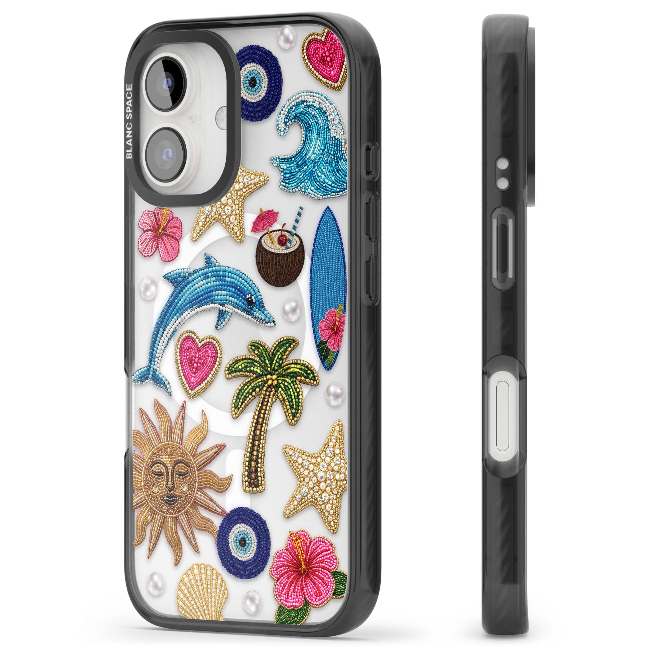 Beaded Beach coastal summer iPhone case featuring embroidered evil eye, hibiscus flowers, dolphin and palm tree patches | Black Impact Magsafe case for iPhone 16, iPhone 16 Plus