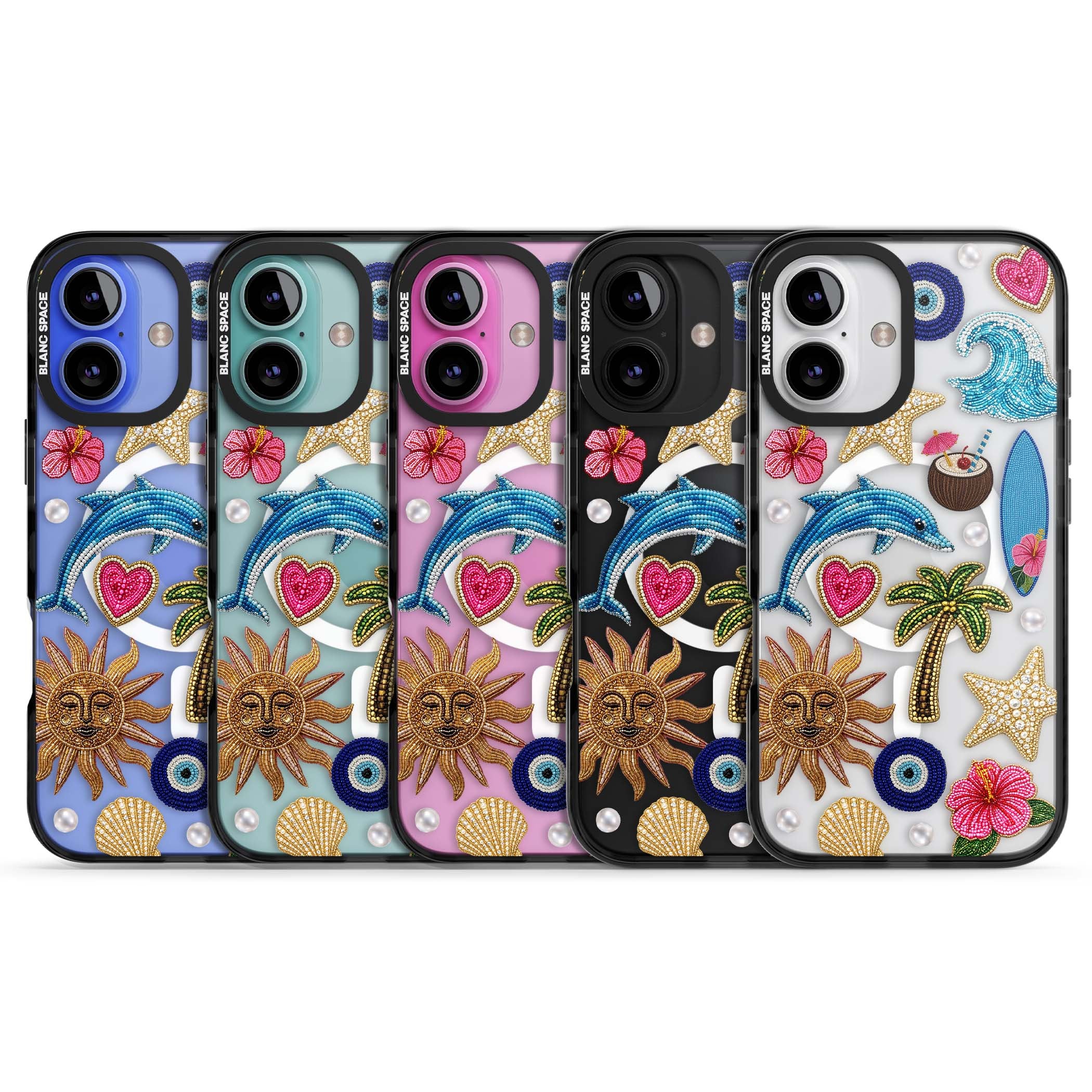 Beaded Beach coastal summer iPhone case featuring embroidered evil eye, hibiscus flowers, dolphin and palm tree patches | Black Impact Magsafe case for iPhone 16, iPhone 16 Plus