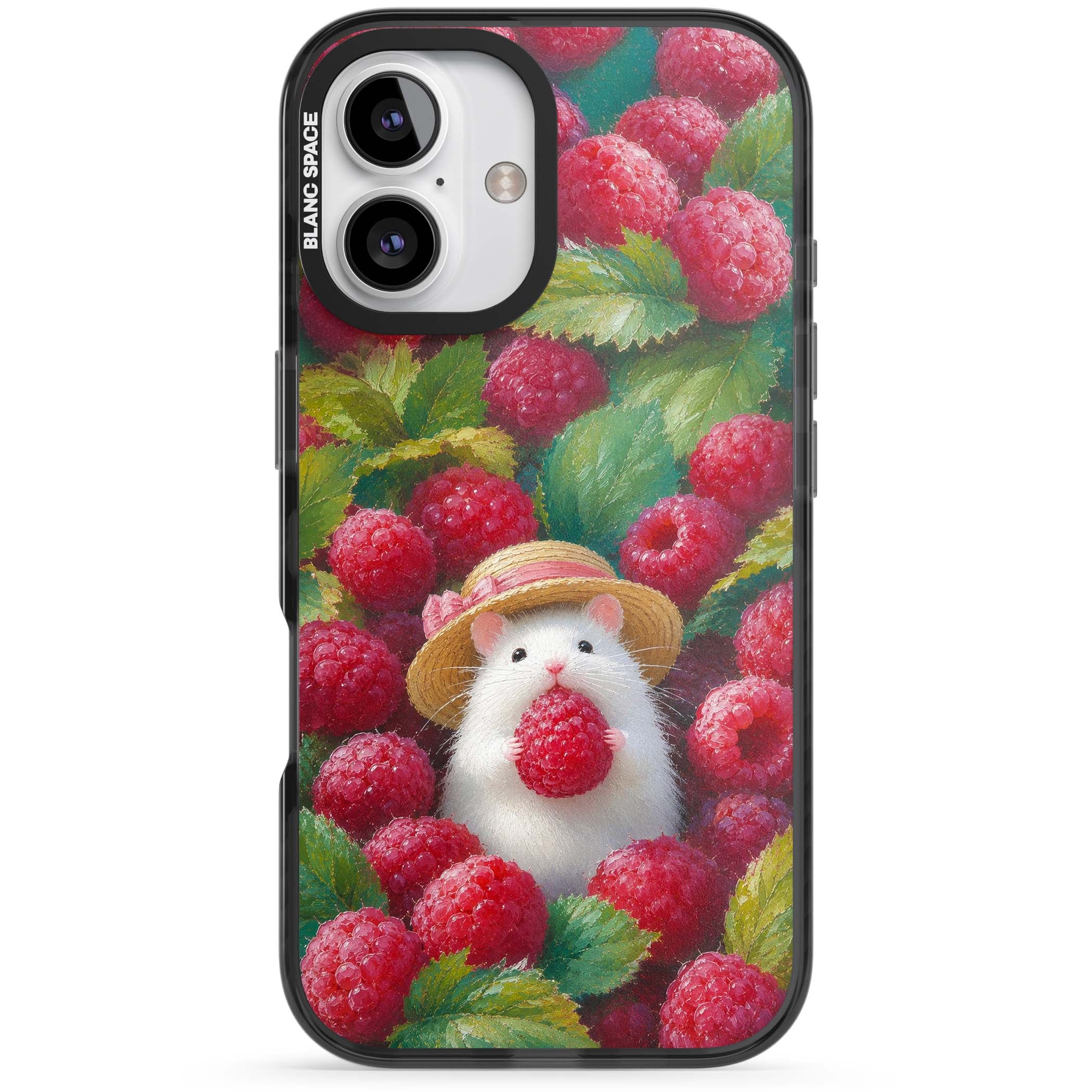 Berry Forager cottagecore iPhone case featuring a white hamster in a straw hat holding a raspberry surrounded by ripe ber | Black Impact Magsafe case for iPhone 16, iPhone 16 Plus