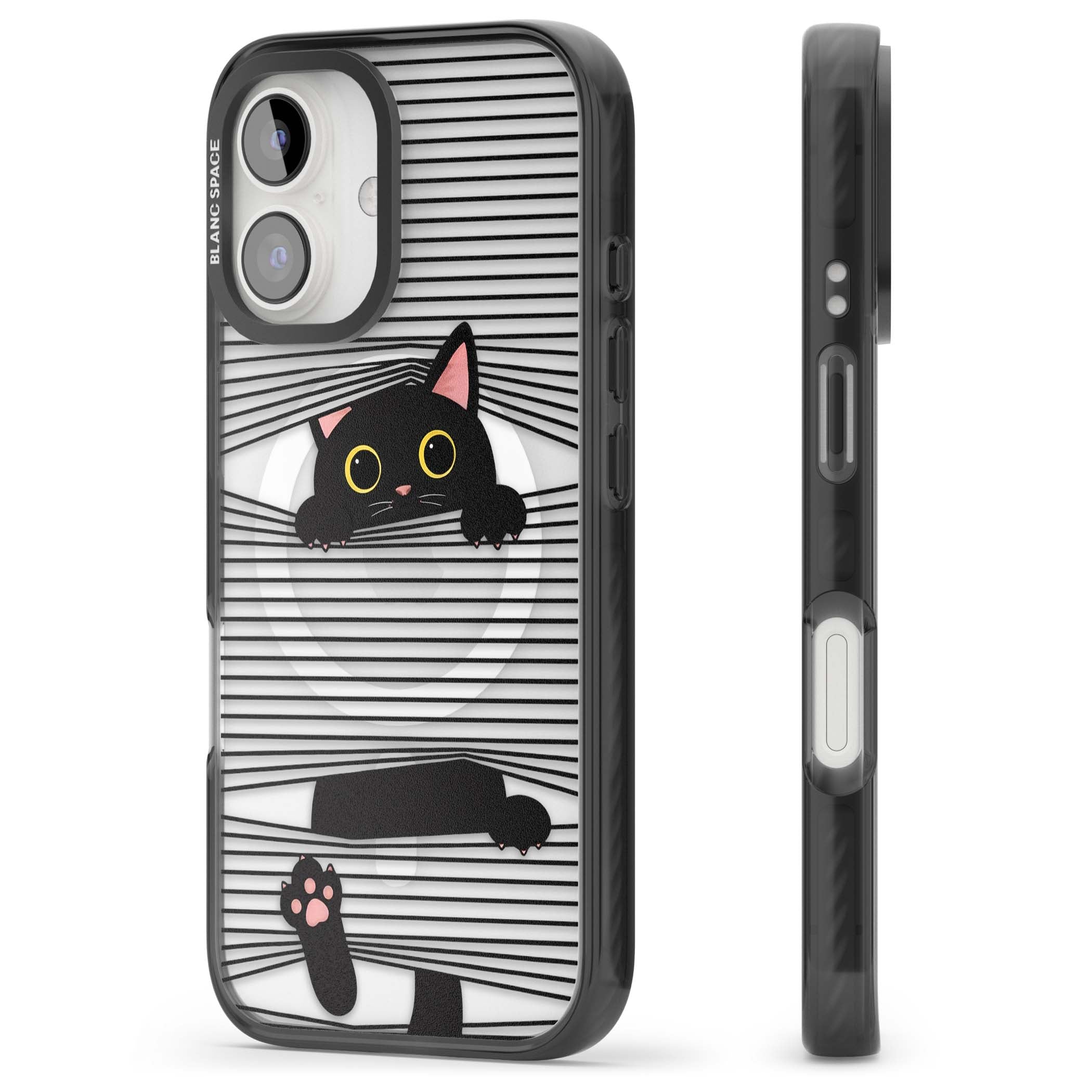 Peek-a-Boo Cat minimal iPhone case featuring black cat peeking through horizontal black and white stripes | Black Impact Magsafe case for iPhone 16, iPhone 16 Plus