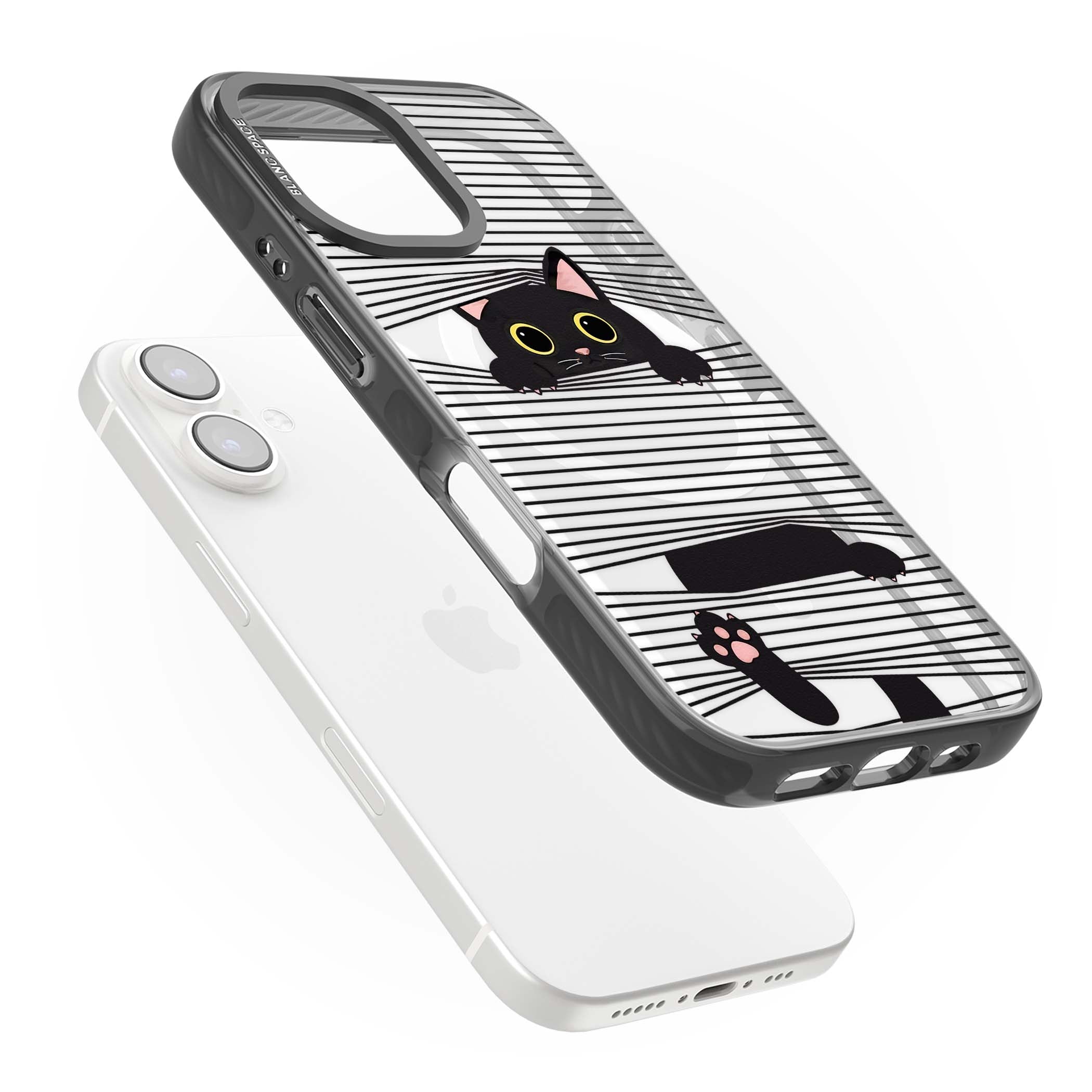 Peek-a-Boo Cat minimal iPhone case featuring black cat peeking through horizontal black and white stripes | Black Impact Magsafe case for iPhone 16, iPhone 16 Plus