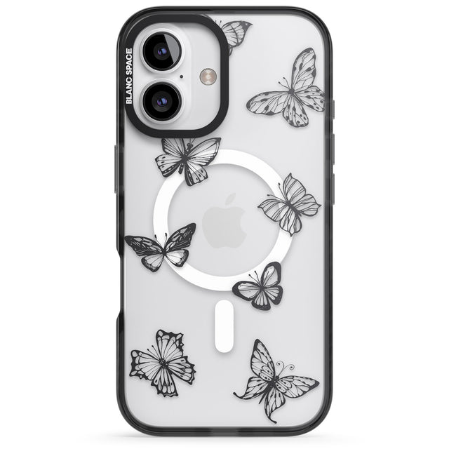 iPhone 16 Pro Max Grey Butterfly Line Pattern Black Impact Phone Case