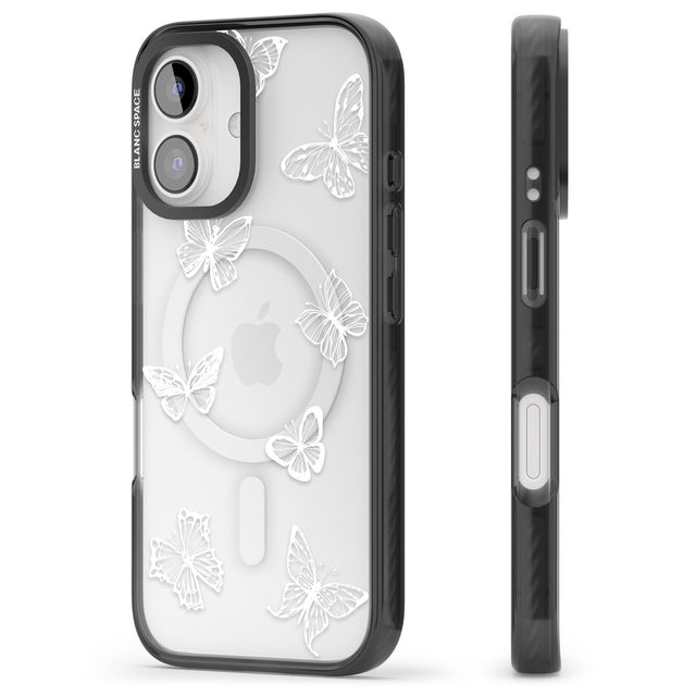 iPhone 16 Pro Max White Butterfly Line Pattern Black Impact Phone Case