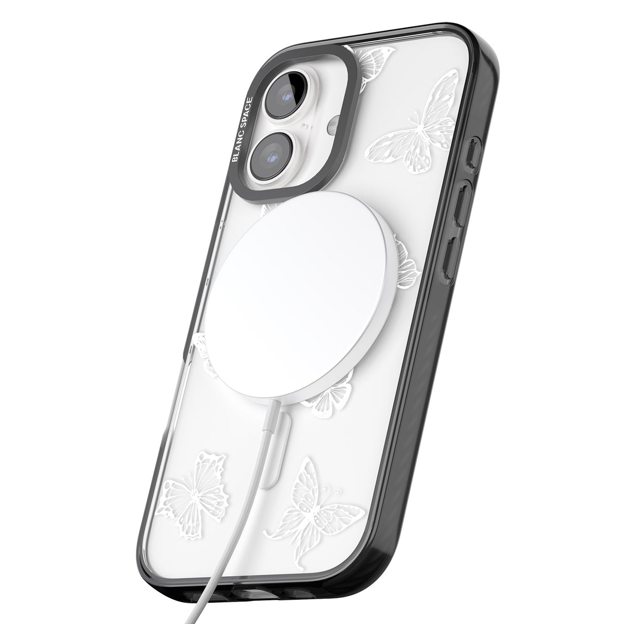 iPhone 16 Pro Max White Butterfly Line Pattern Black Impact Phone Case