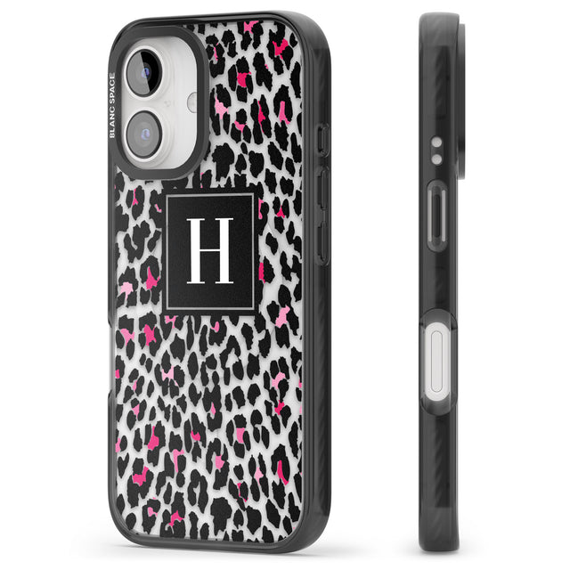 iPhone 16 Pro Max Personalised Pink Monogram Leopard Spots Black Impact Phone Case