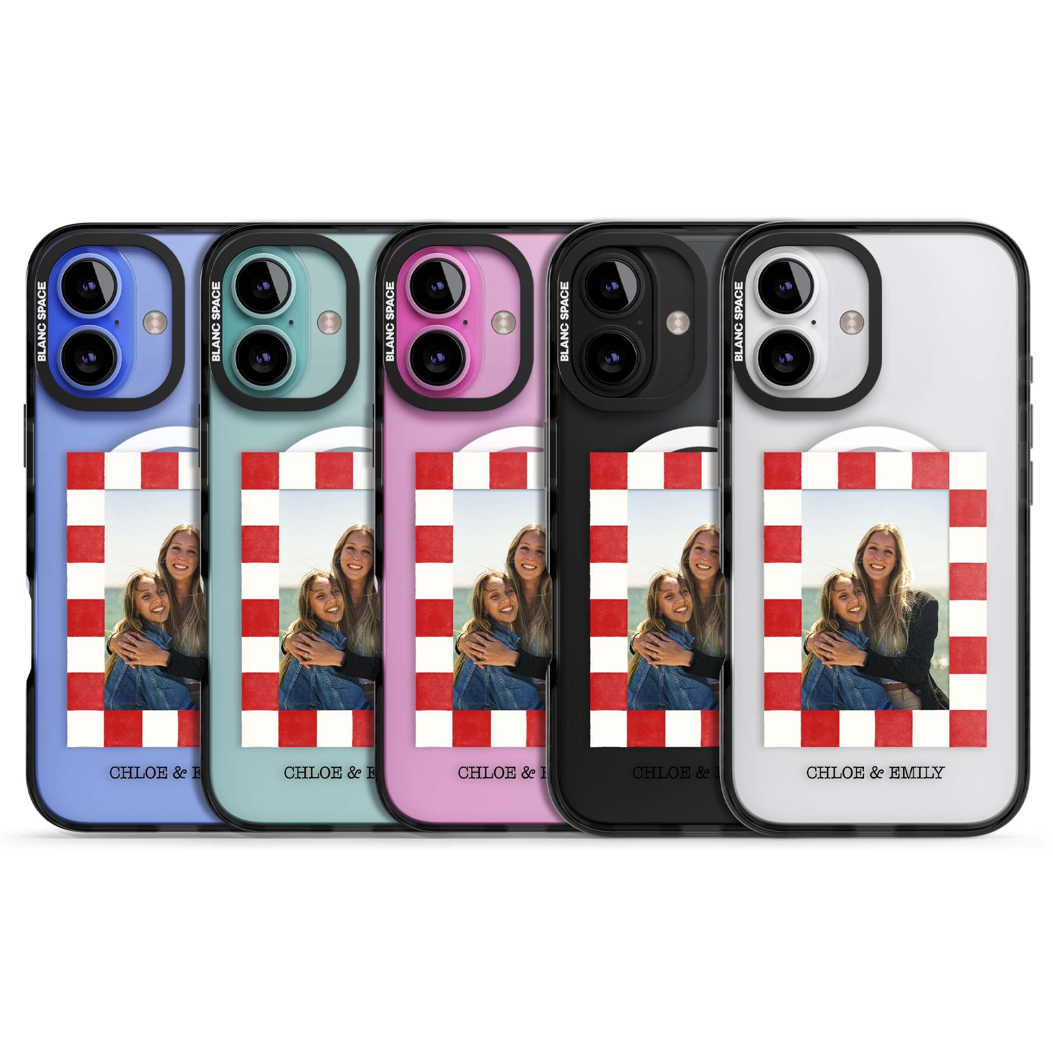 Red Check Photo personalised photo iPhone case with red and white checkered polaroid frame and custom couple name | Black Impact Magsafe case for iPhone 16, iPhone 16 Plus
