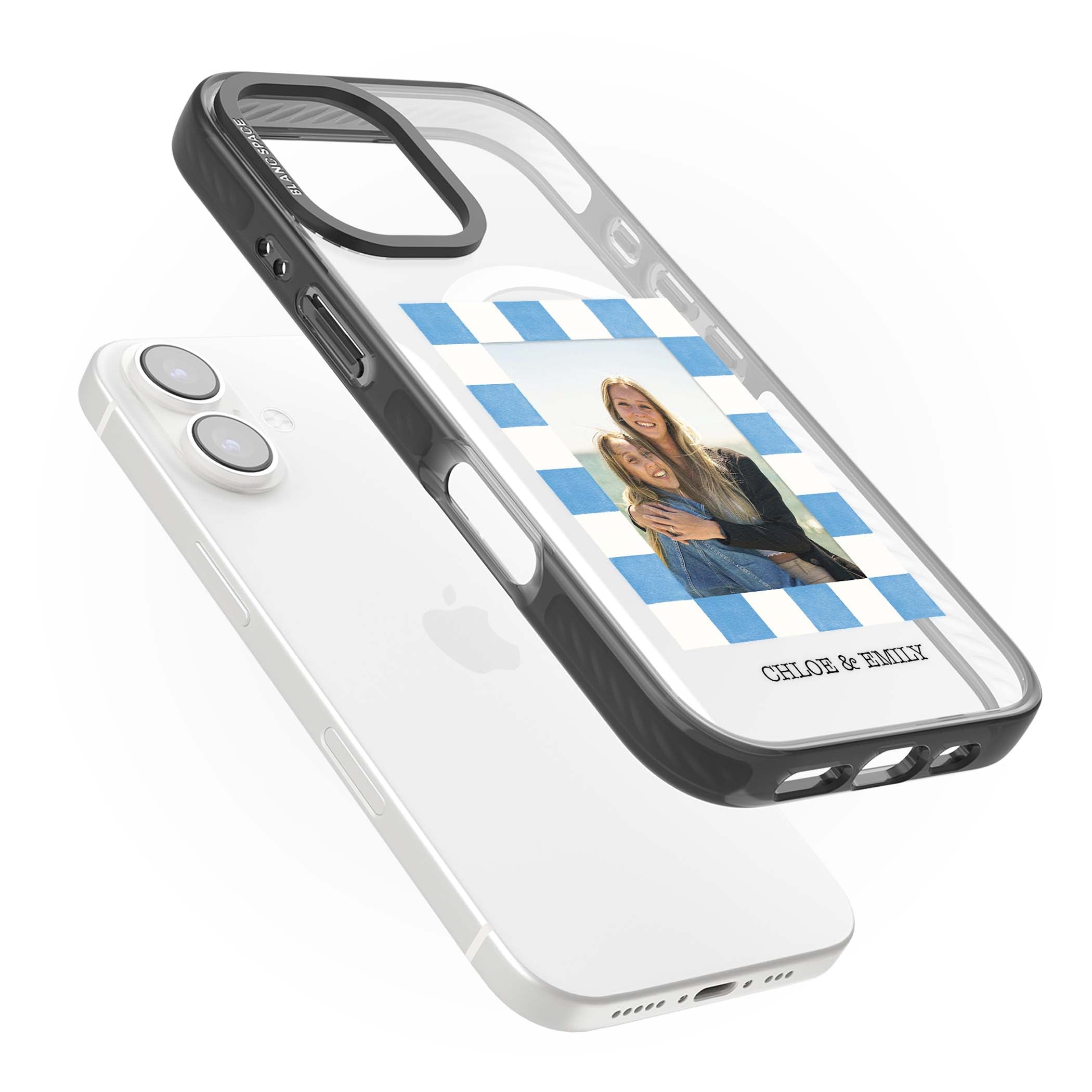 Blue Check Photo personalised photo iPhone case with blue checkered frame and custom couple names | Black Impact Magsafe case for iPhone 16, iPhone 16 Plus