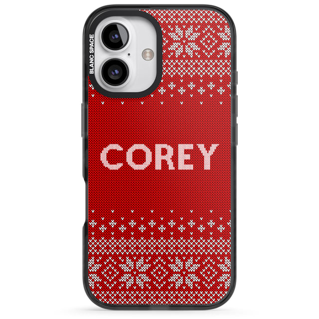 iPhone 16 Pro Max Personalised Red Christmas Knitted Jumper Black Impact Phone Case