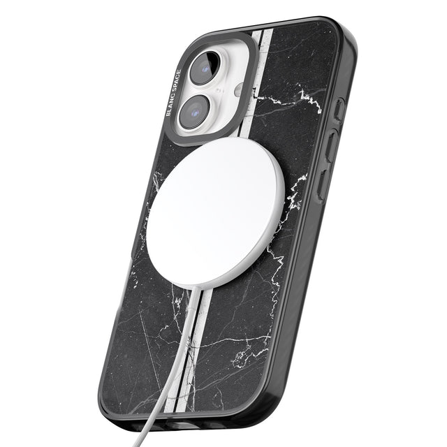 iPhone 16 Pro Max Personalised Stripes + Initials with Crown on Black Marble Black Impact Phone Case