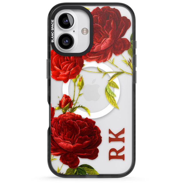 iPhone 16 Pro Max Personalised Clear Vintage Floral Red Roses Black Impact Phone Case