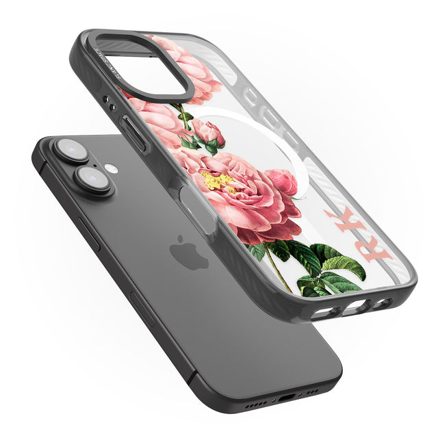 iPhone 16 Pro Max Personalised Clear Vintage Floral Pink Peonies Black Impact Phone Case