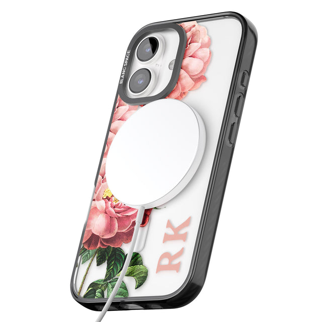 iPhone 16 Pro Max Personalised Clear Vintage Floral Pink Peonies Black Impact Phone Case