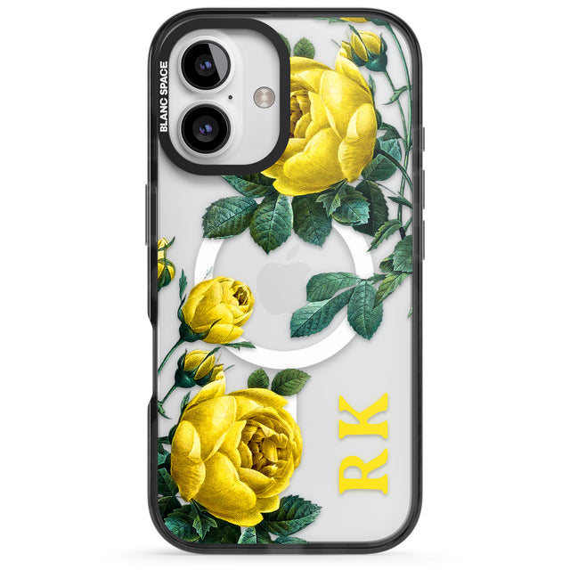 iPhone 16 Pro Max Personalised Clear Vintage Floral Yellow Roses Black Impact Phone Case