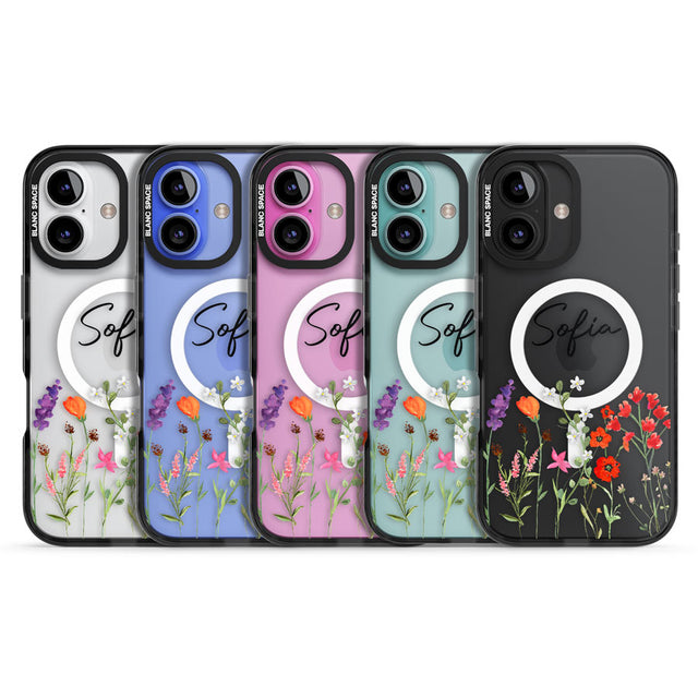 Personalised Spring Wildflowers Black Impact Magsafe Phone Case for iPhone 16, iPhone 16 Plus