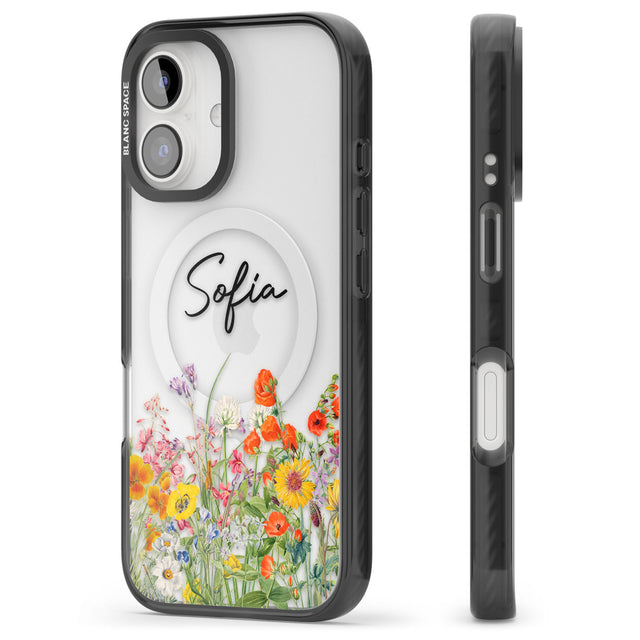 Personalised Summer Wildflowers Black Impact Magsafe Phone Case for iPhone 16, iPhone 16 Plus