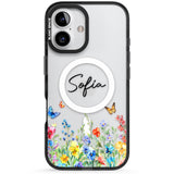 Personalised Buterflies & Wildflowers Black Impact Magsafe Phone Case for iPhone 16, iPhone 16 Plus