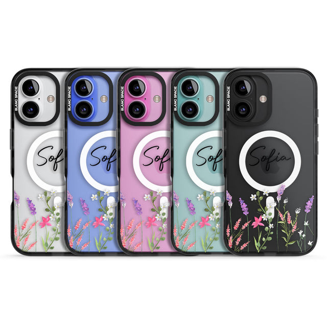 Personalised Lavender Wildflowers Black Impact Magsafe Phone Case for iPhone 16, iPhone 16 Plus